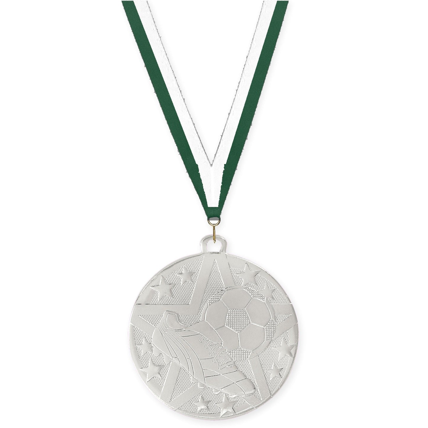 2 inch soccer Superstar medal in silver with Hunter Green White neck ribbon