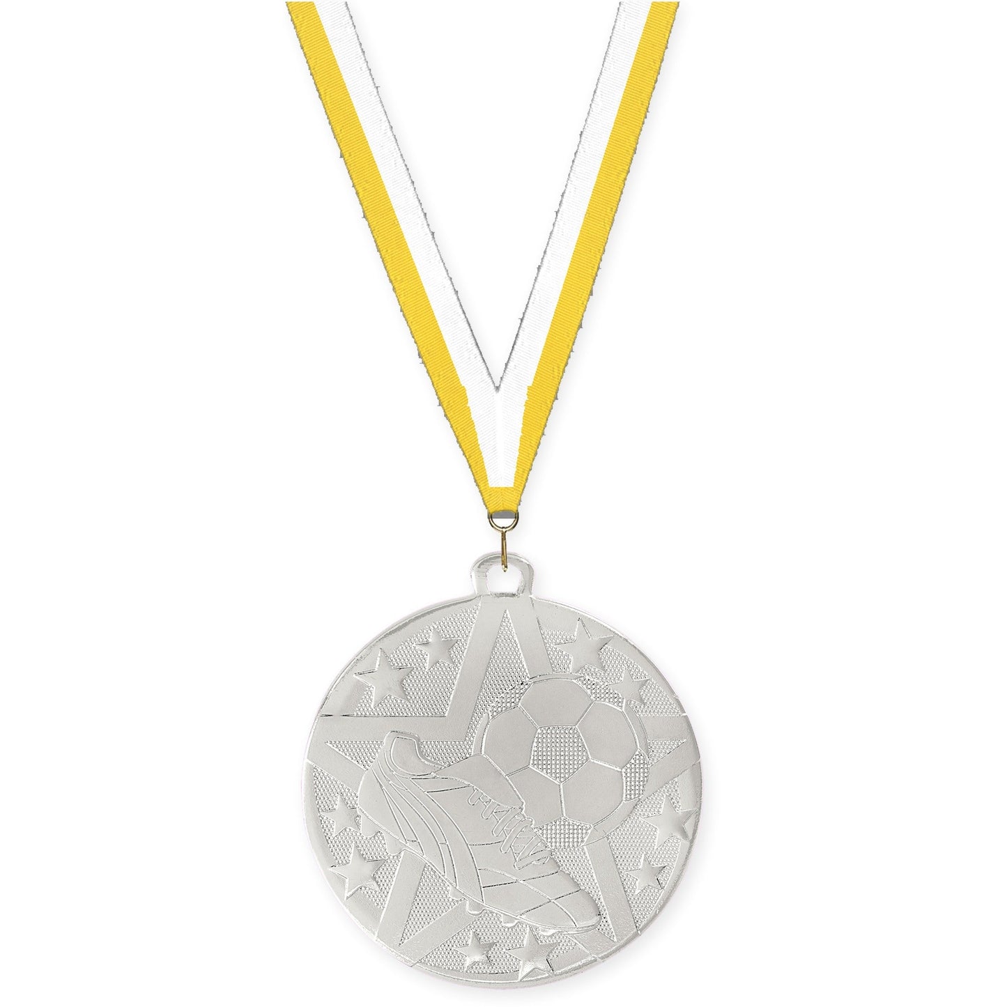 2 inch soccer Superstar medal in silver with Yellow White neck ribbon