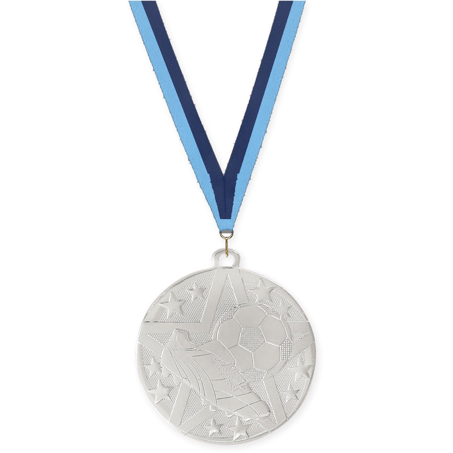 2 inch soccer Superstar medal in silver with Light Blue Navy neck ribbon