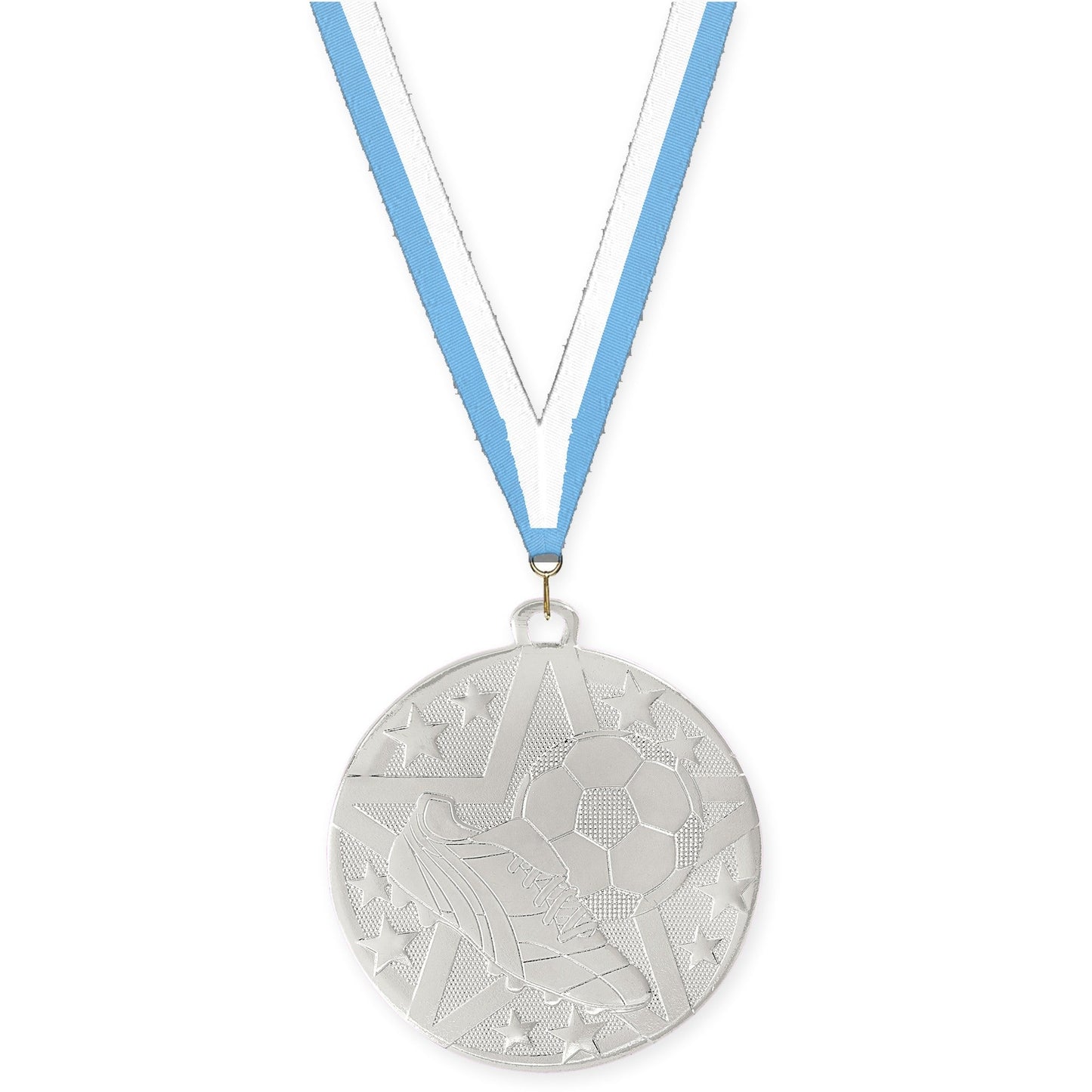 2 inch soccer Superstar medal in silver with Light Blue White neck ribbon