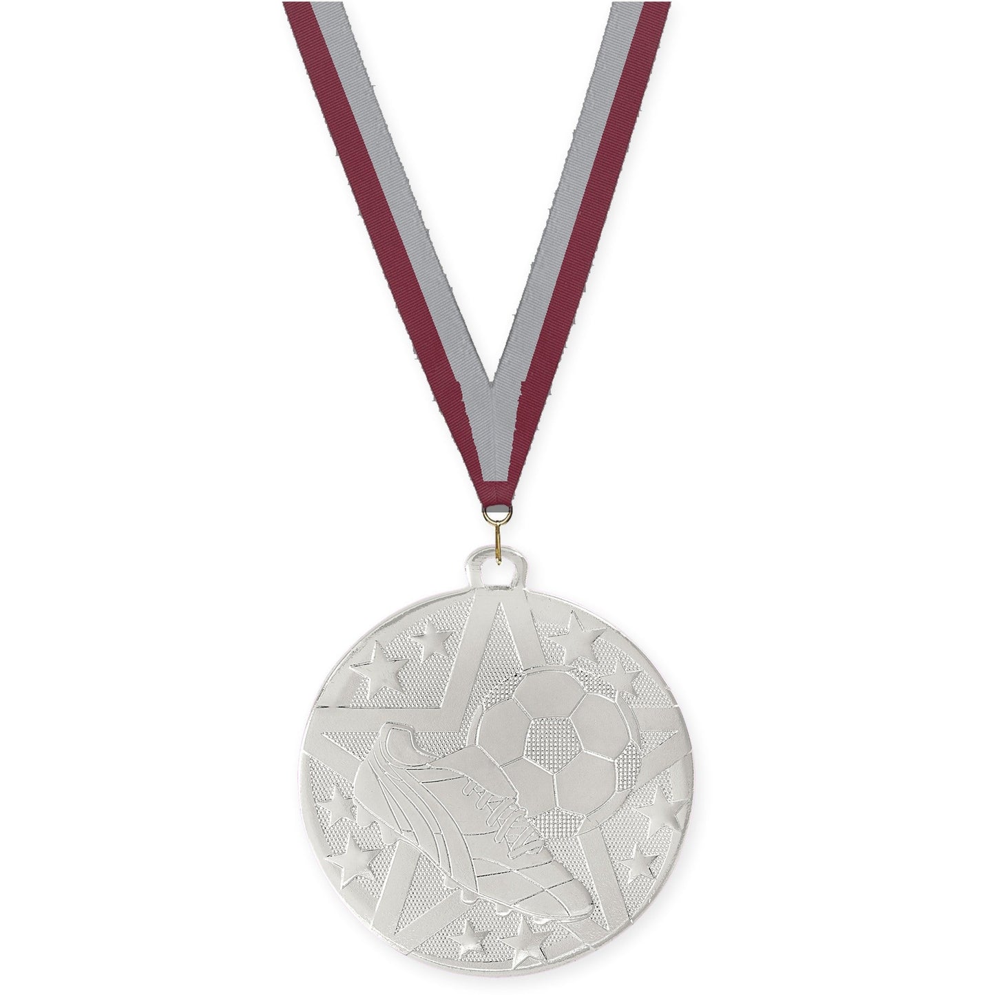 2 inch soccer Superstar medal in silver with Maroon Gray neck ribbon