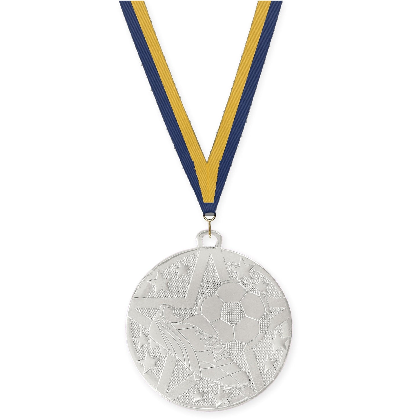 2 inch soccer Superstar medal in silver with Navy Gold neck ribbon