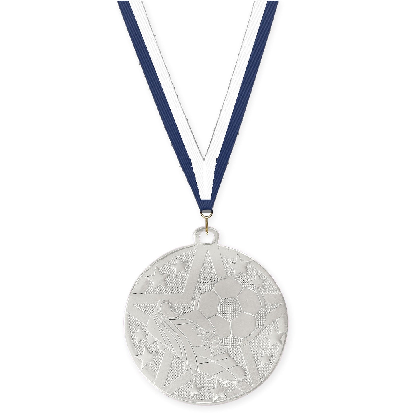 2 inch soccer Superstar medal in silver with Navy White neck ribbon