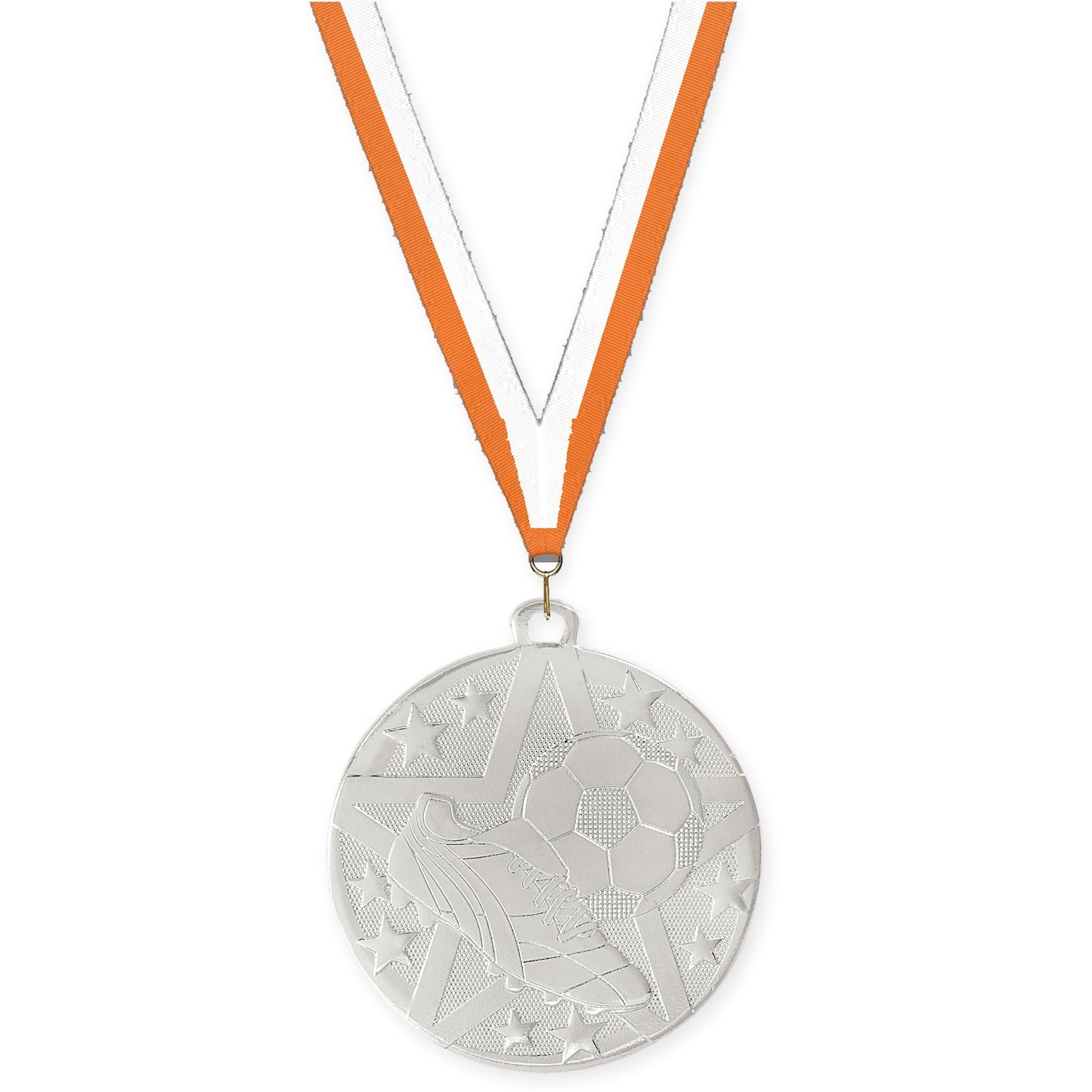 2 inch soccer Superstar medal in silver with Orange White neck ribbon