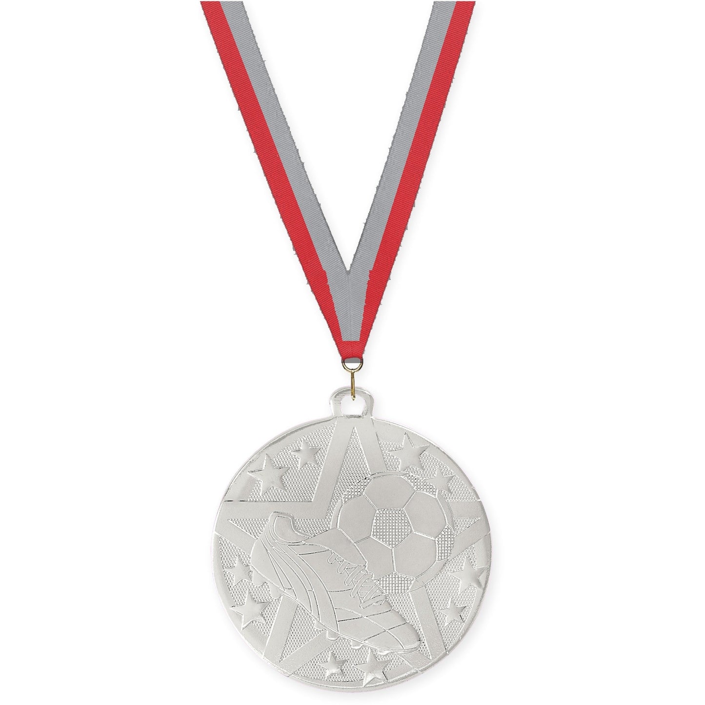 2 inch soccer Superstar medal in silver with Red Gray neck ribbon