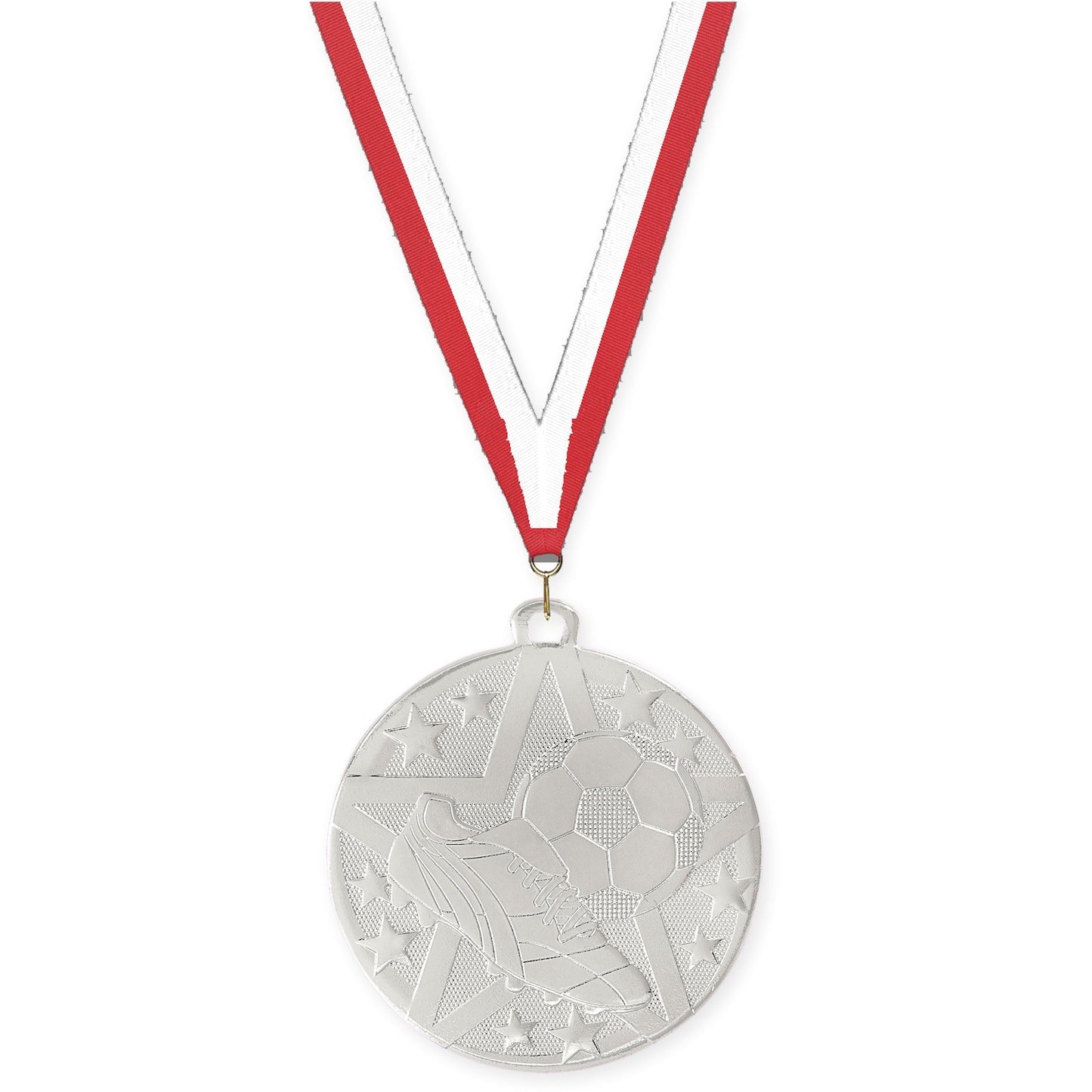 2 inch soccer Superstar medal in silver with Red White neck ribbon