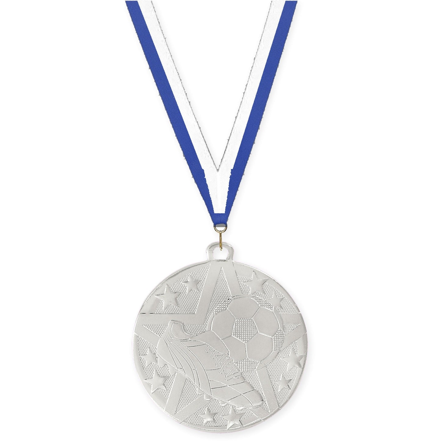 2 inch soccer Superstar medal in silver with Blue White neck ribbon