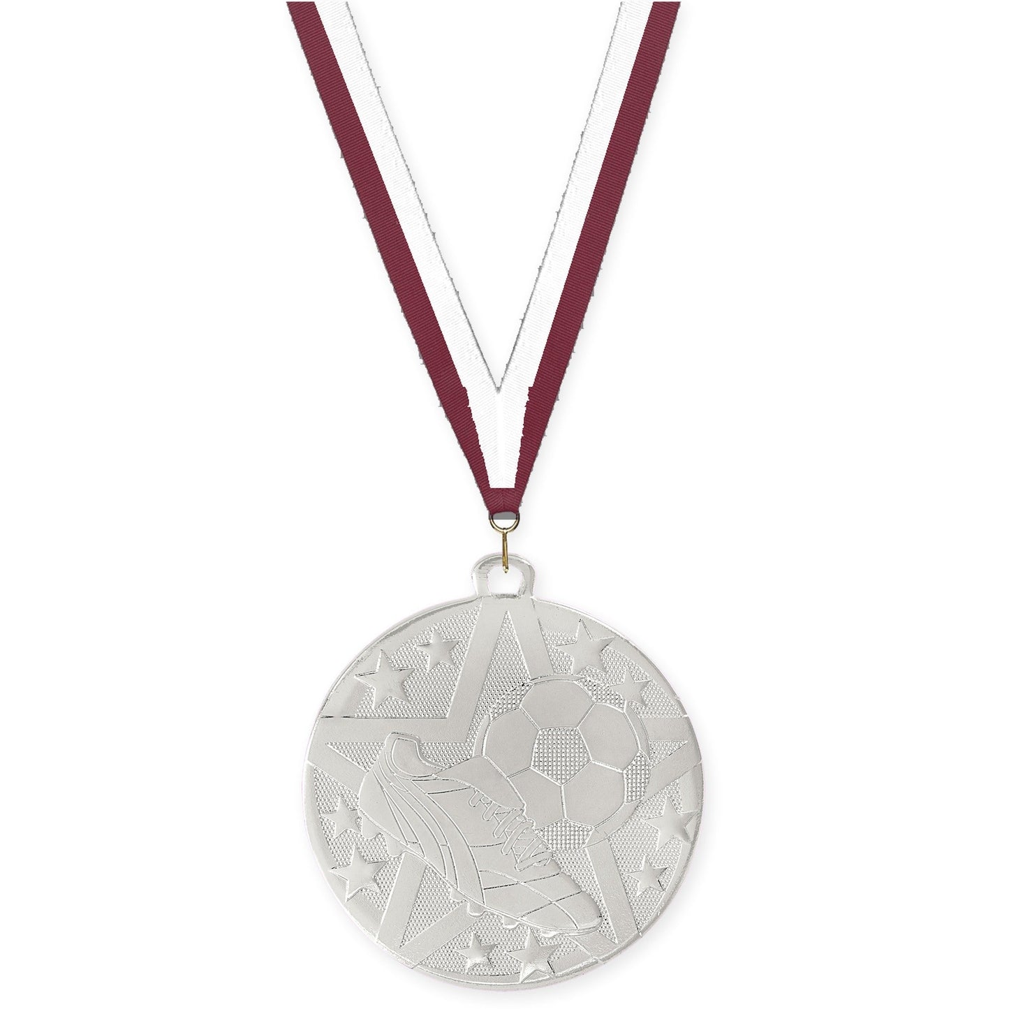 2 inch soccer Superstar medal in silver with Maroon White neck ribbon