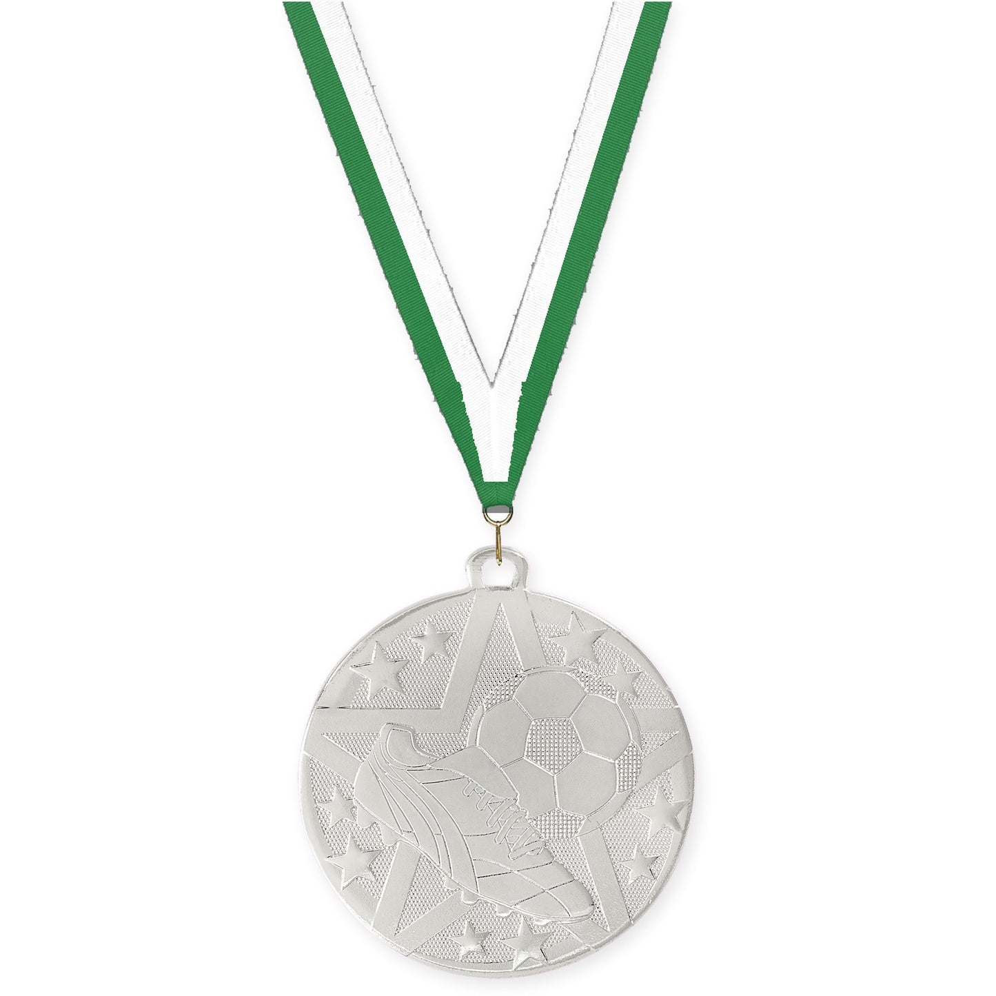 2 inch soccer Superstar medal in silver with Green White neck ribbon