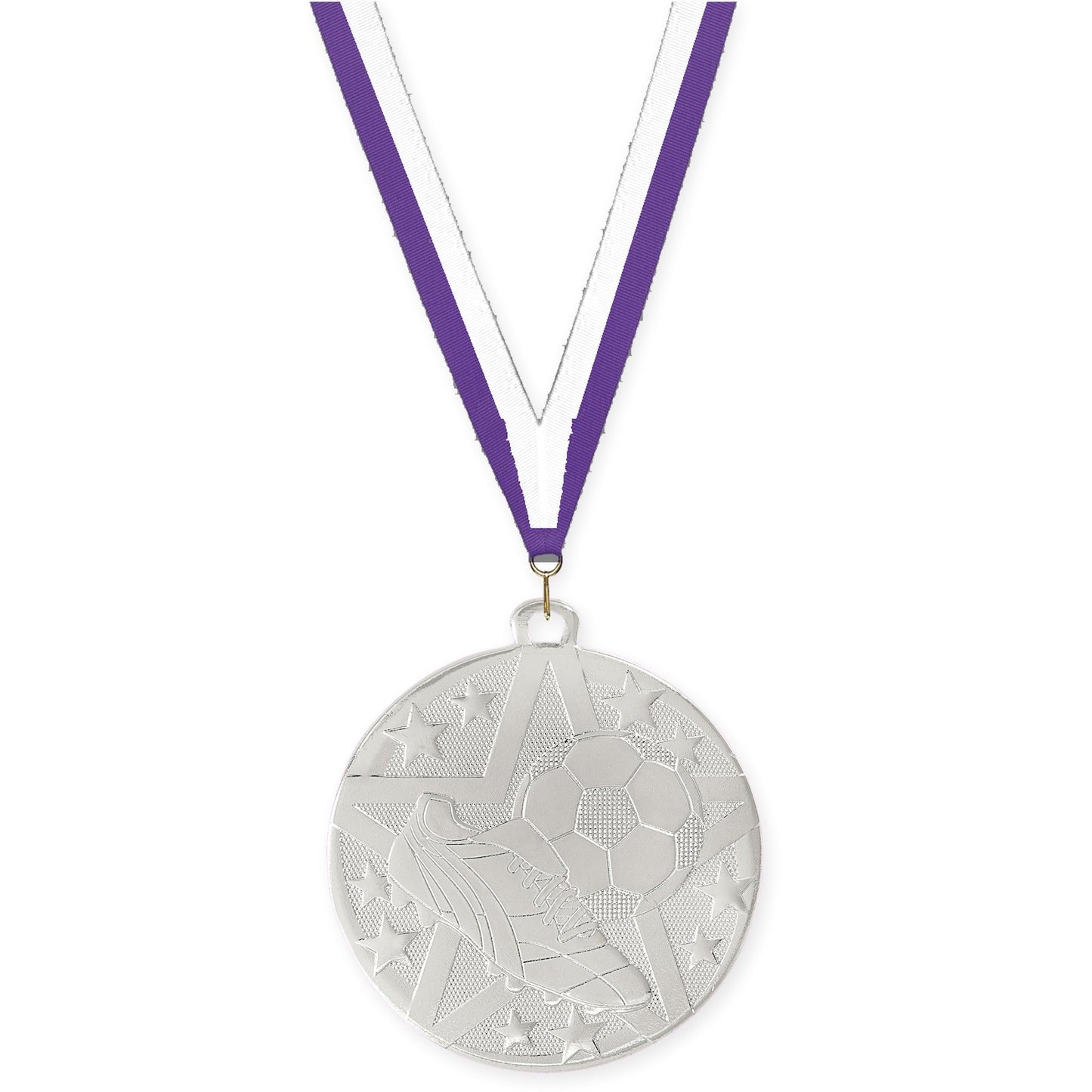 2 inch soccer Superstar medal in silver with Purple White neck ribbon