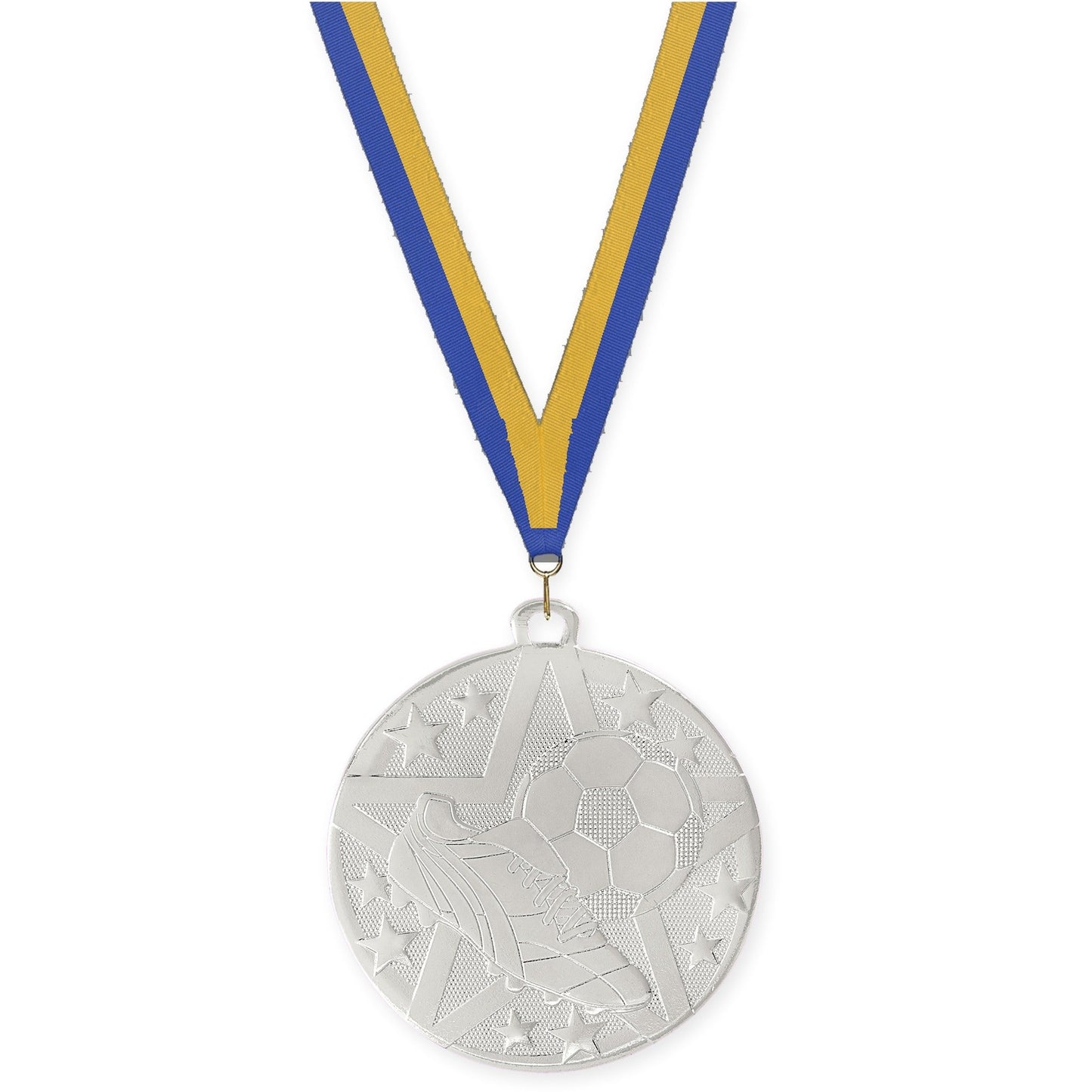 2 inch soccer Superstar medal in silver with Blue Gold neck ribbon