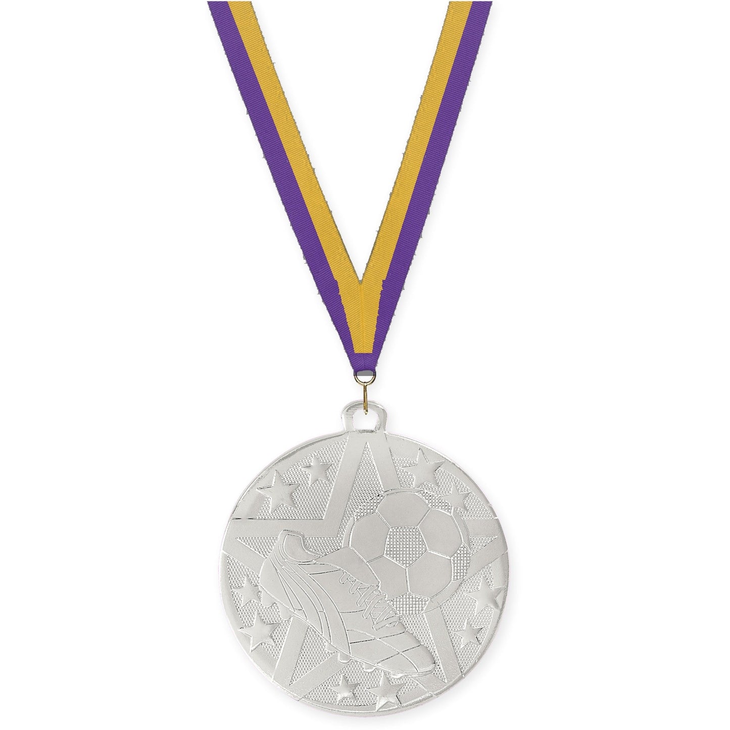 2 inch soccer Superstar medal in silver with Purple Gold neck ribbon