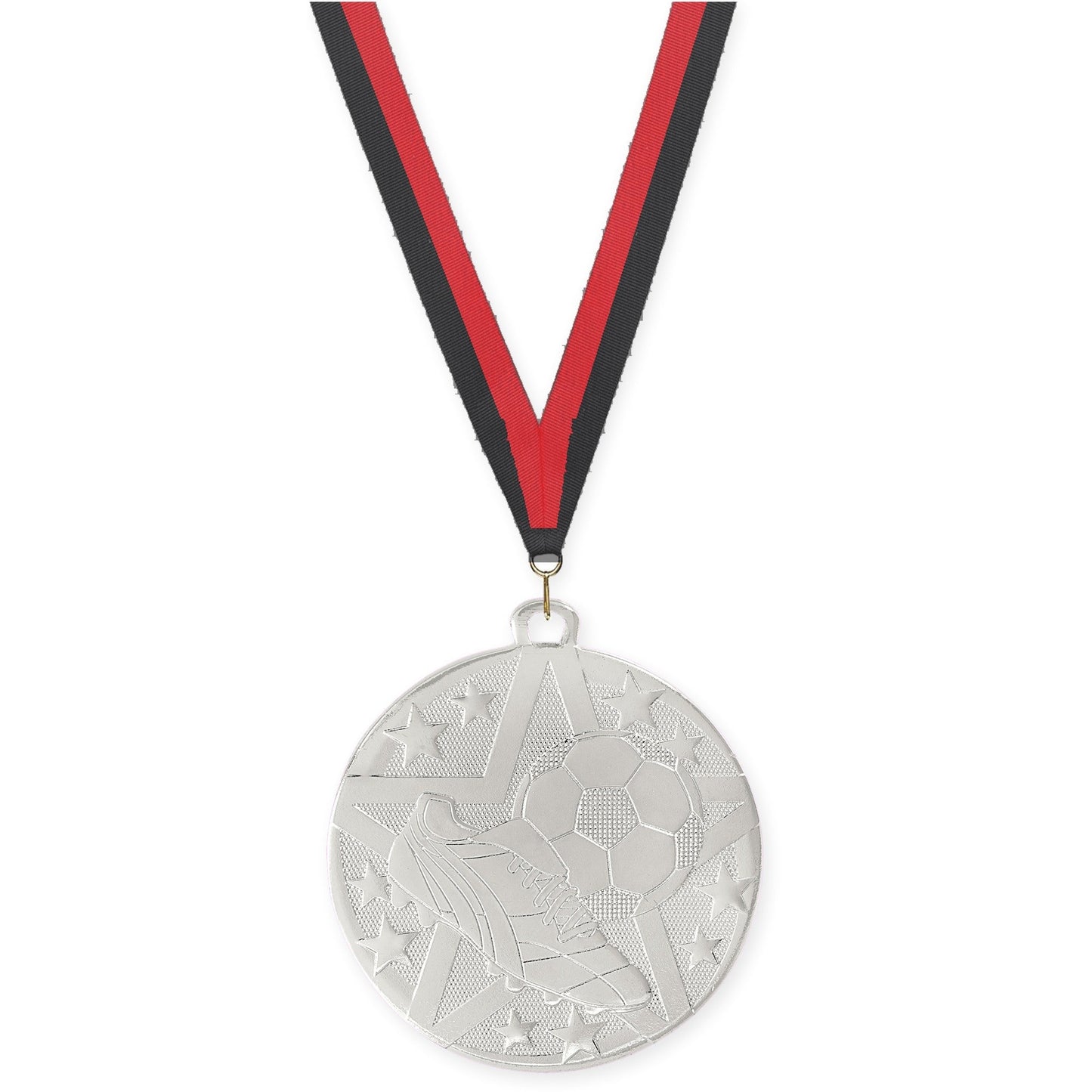 2 inch soccer Superstar medal in silver with Black Red neck ribbon