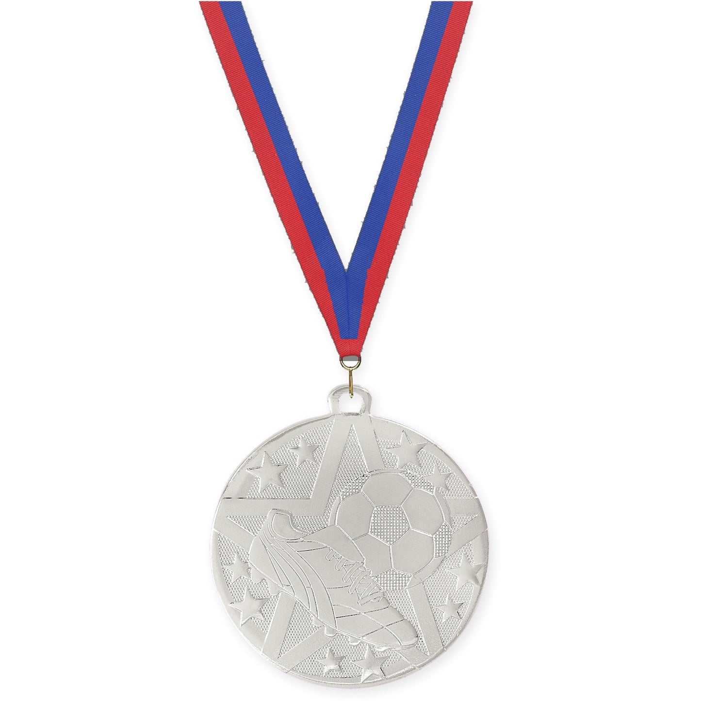 2 inch soccer Superstar medal in silver with Blue Red neck ribbon