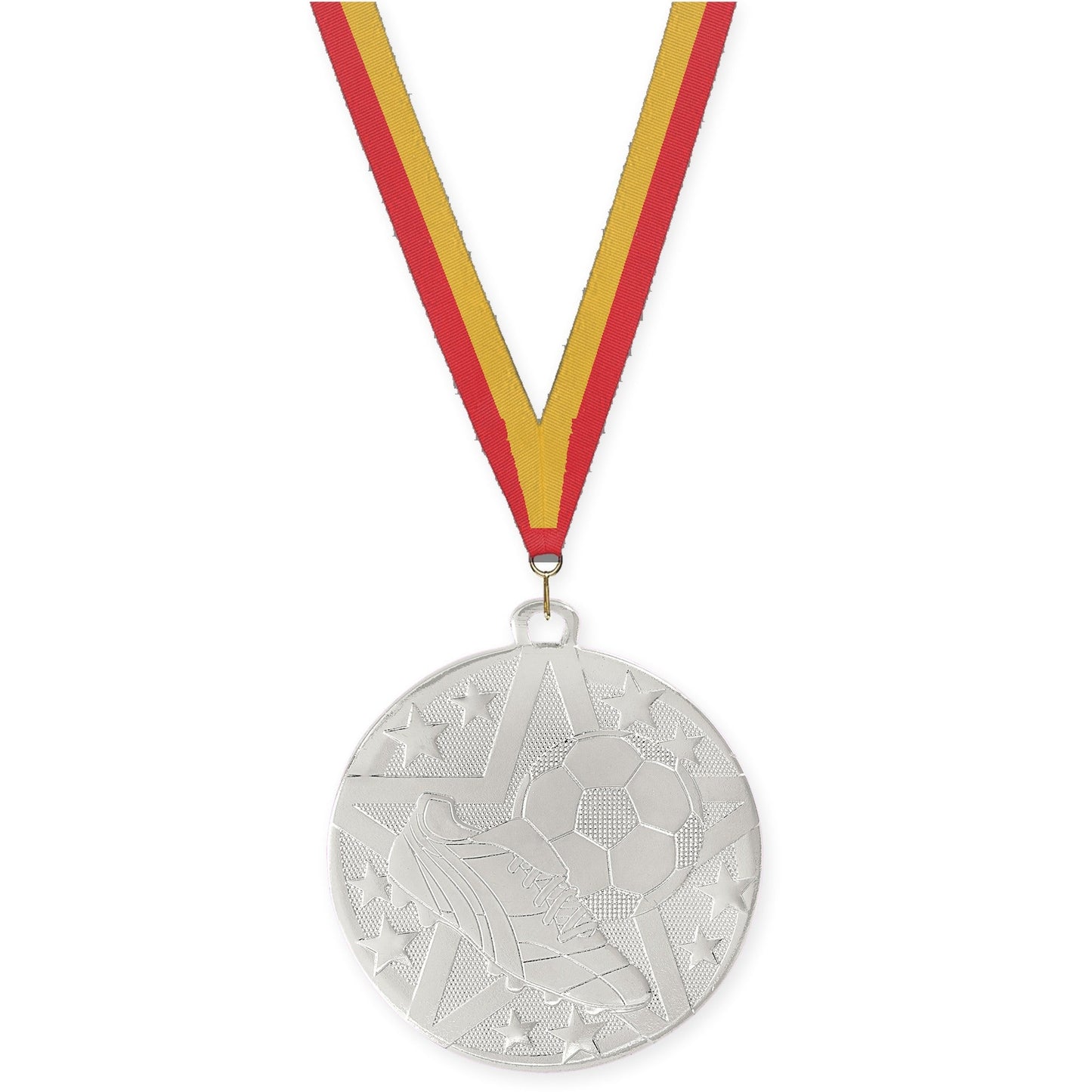 2 inch soccer Superstar medal in silver with Red Gold neck ribbon