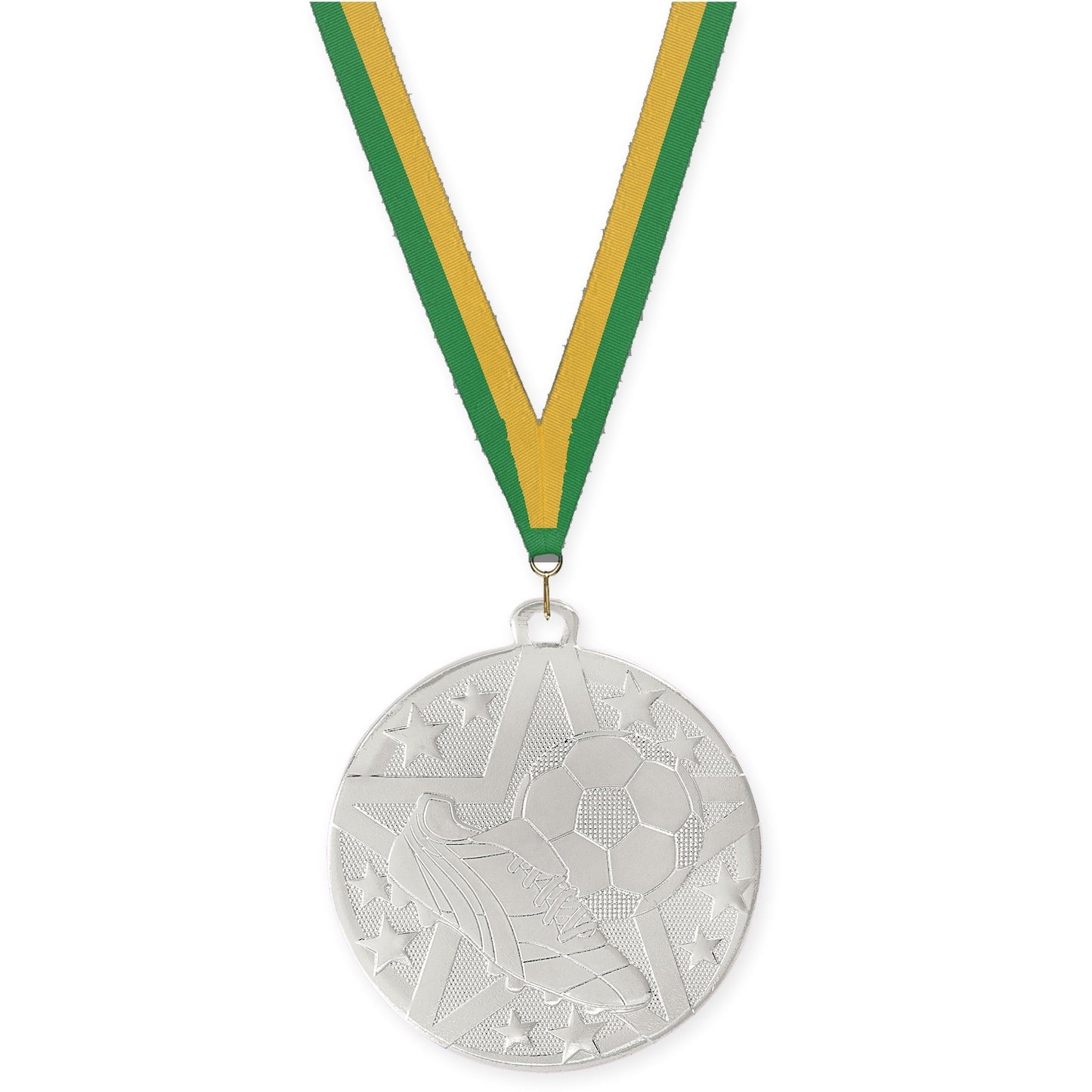 2 inch soccer Superstar medal in silver with Green Gold neck ribbon