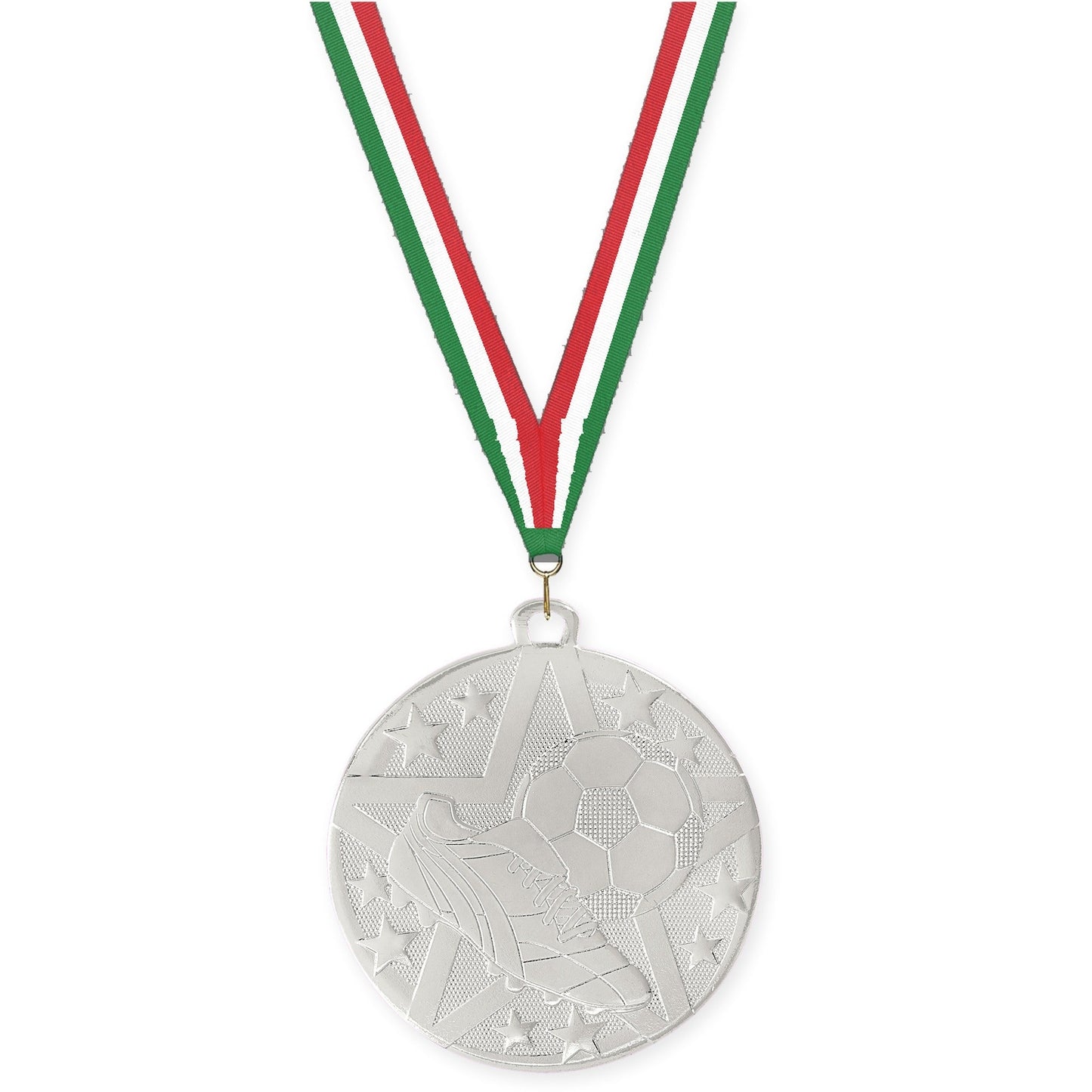 2 inch soccer Superstar medal in silver with Green White Red neck ribbon