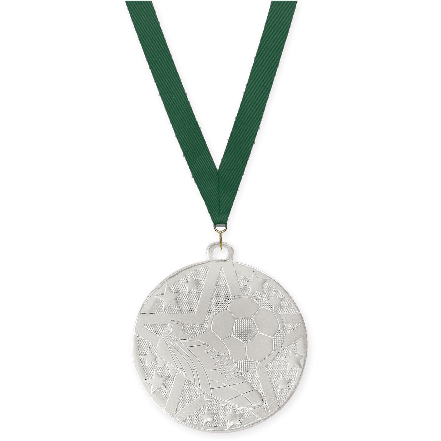 2 inch soccer Superstar medal in silver with Hunter Green neck ribbon