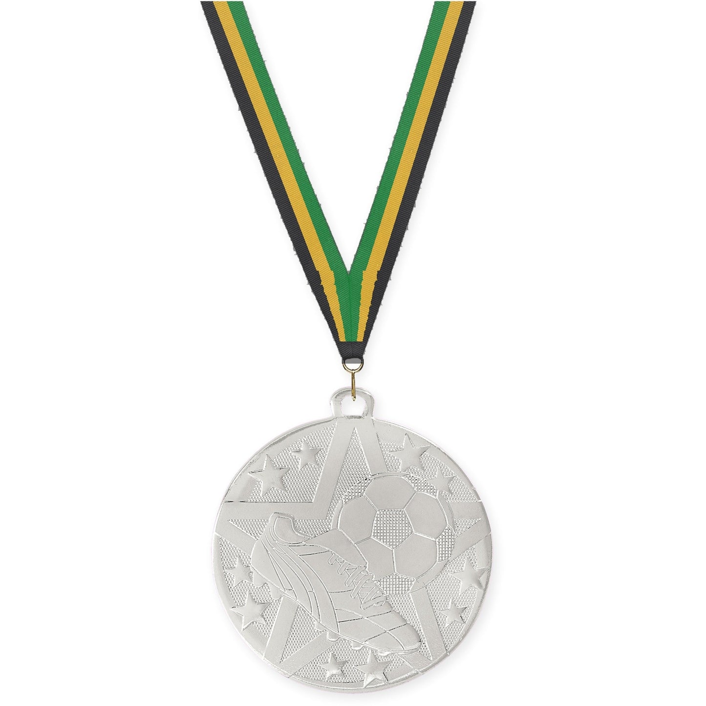 2 inch soccer Superstar medal in silver with Black Gold Green neck ribbon