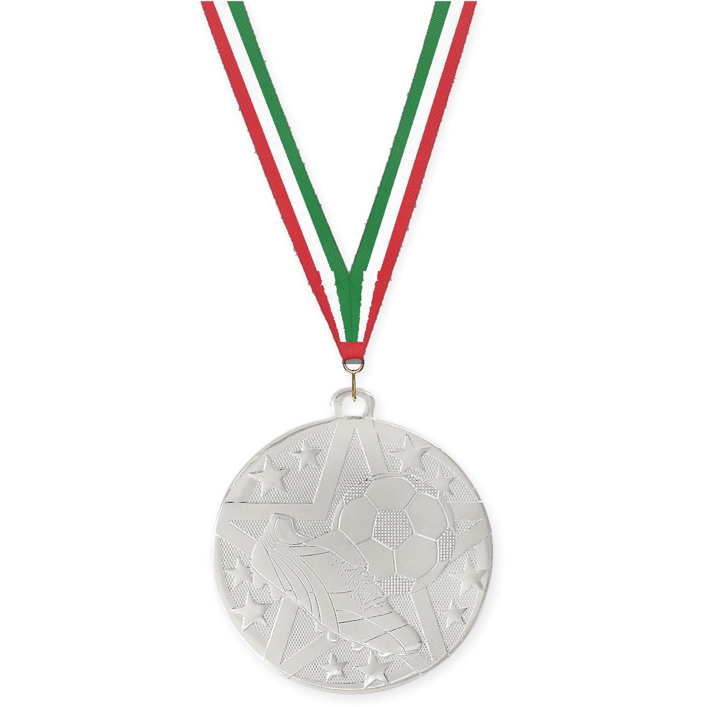 2 inch soccer Superstar medal in silver with Red White Green neck ribbon
