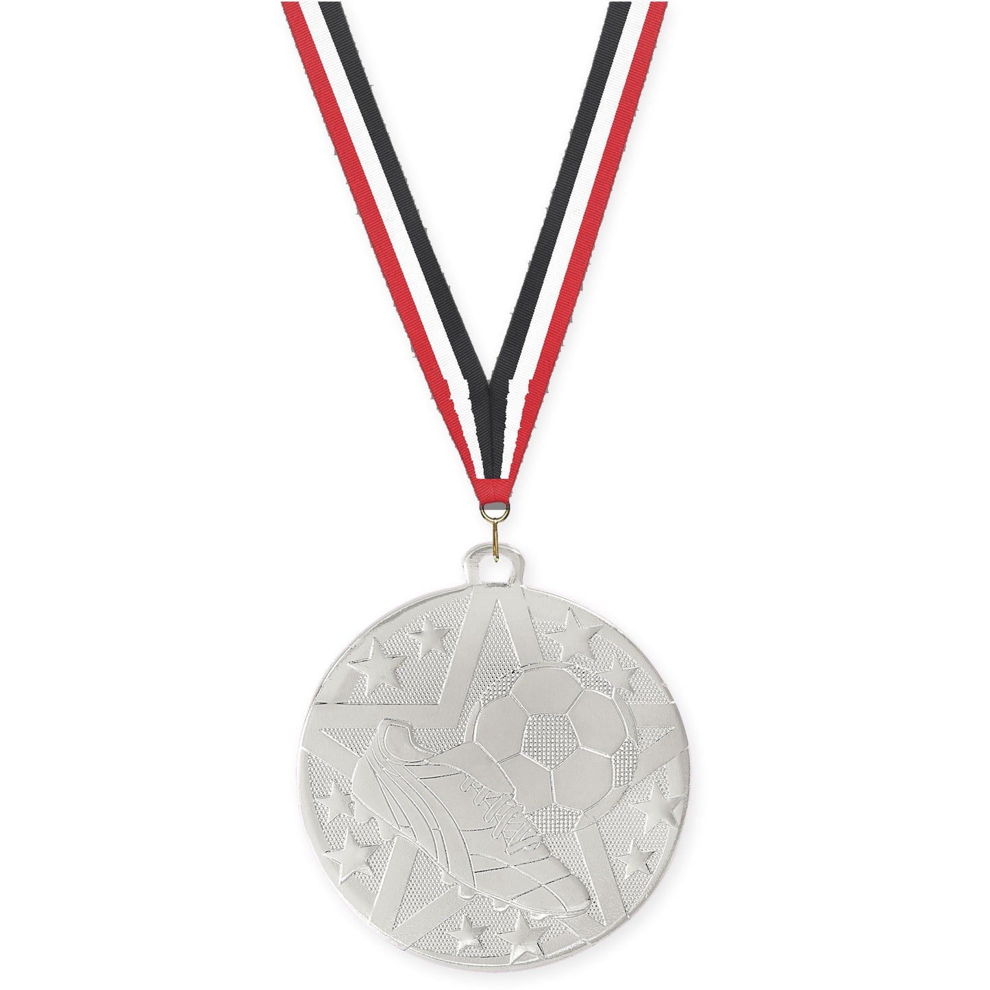 2 inch soccer Superstar medal in silver with Red White Black neck ribbon