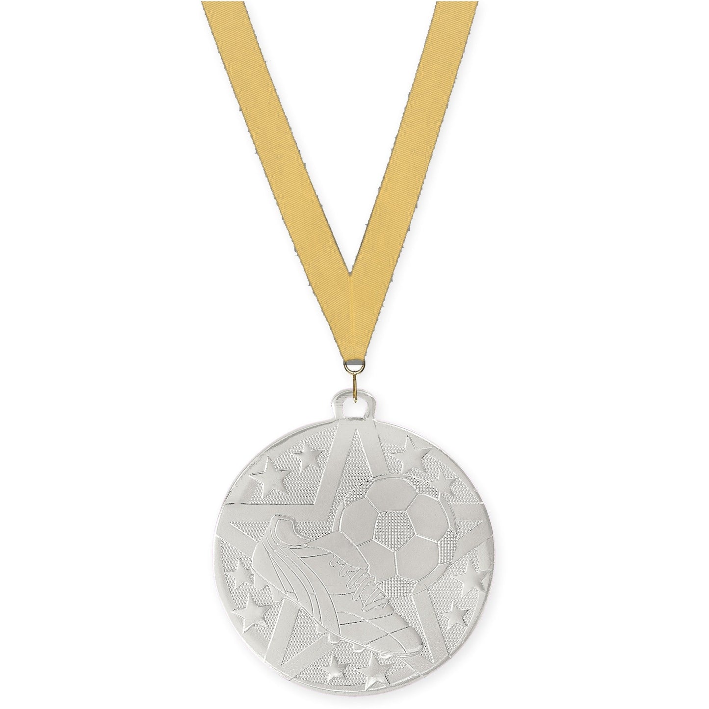 2 inch soccer Superstar medal in silver with Gold Metallic neck ribbon