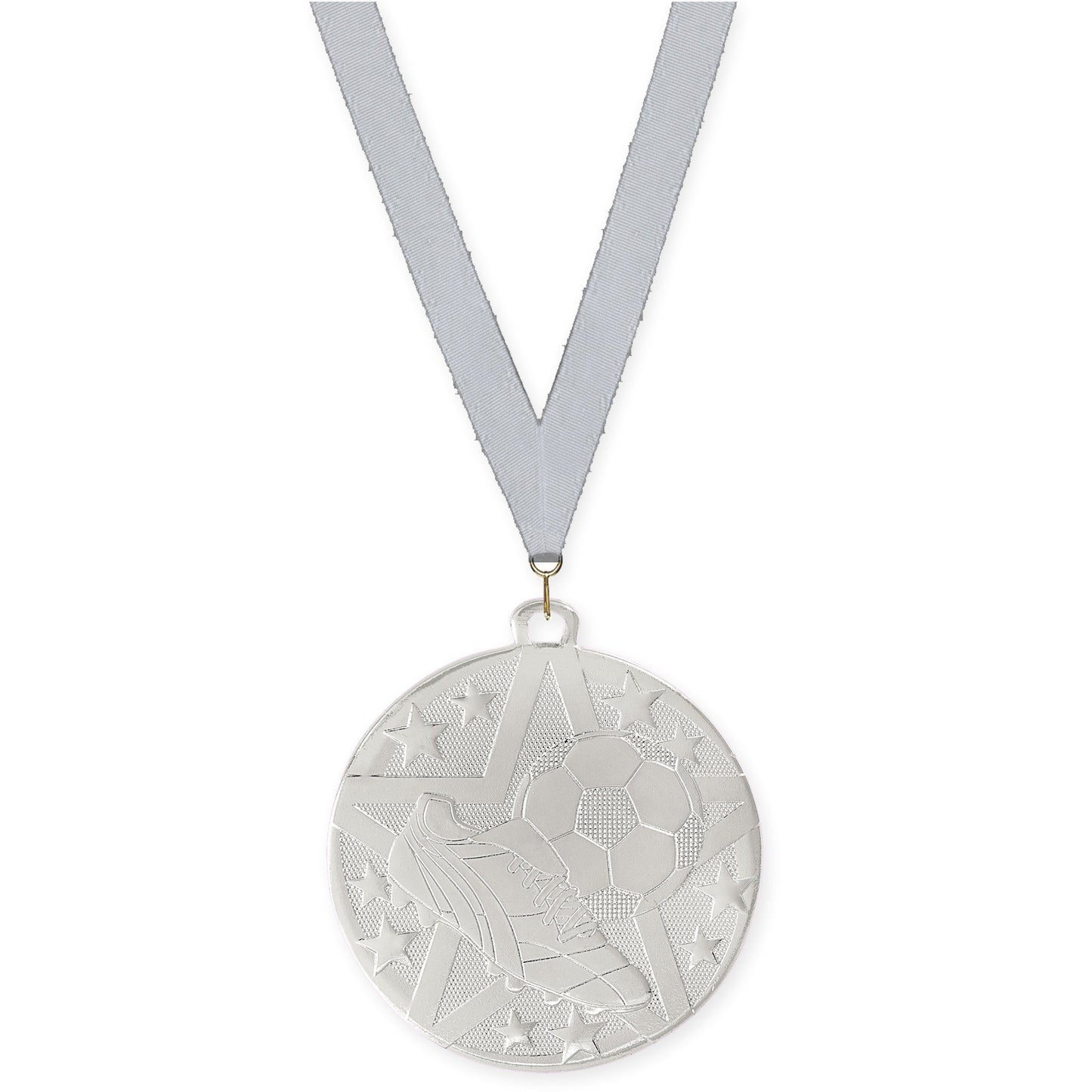 2 inch soccer Superstar medal in silver with Silver Metallic neck ribbon