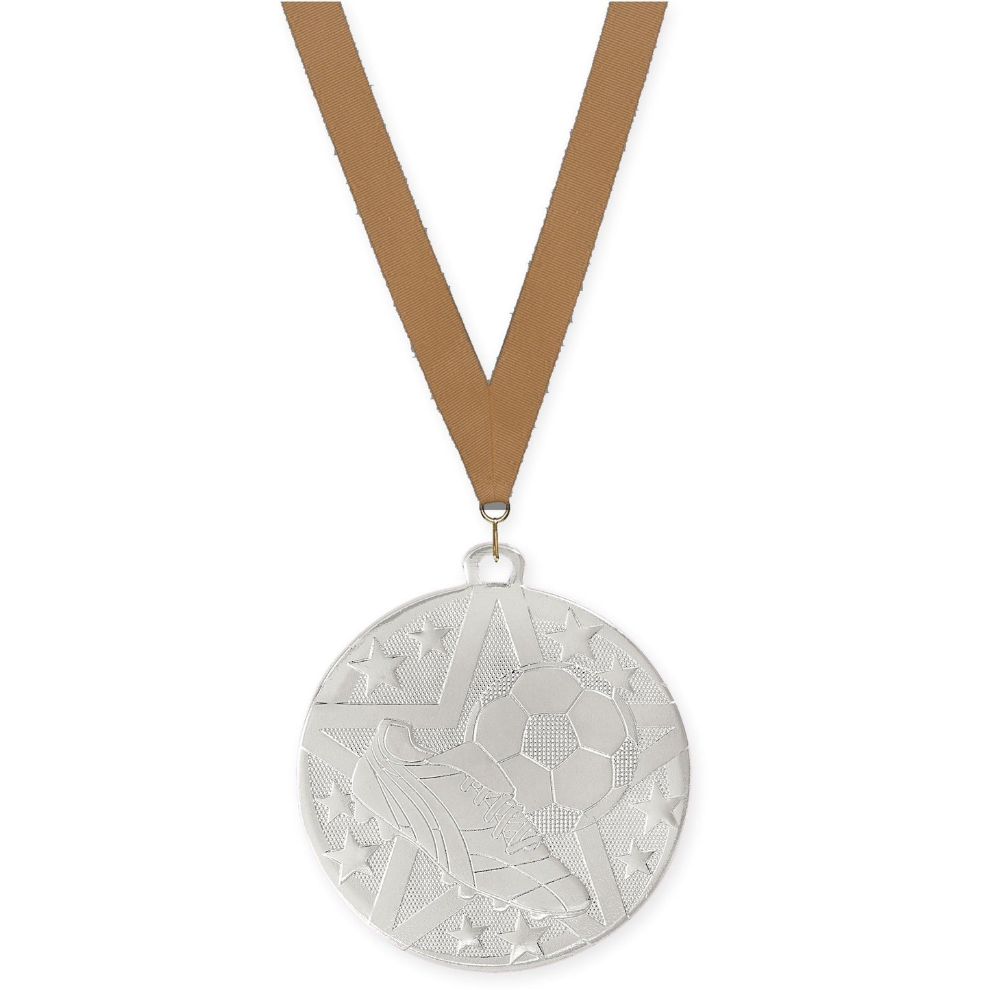 2 inch soccer Superstar medal in silver with Bronze Metallic neck ribbon