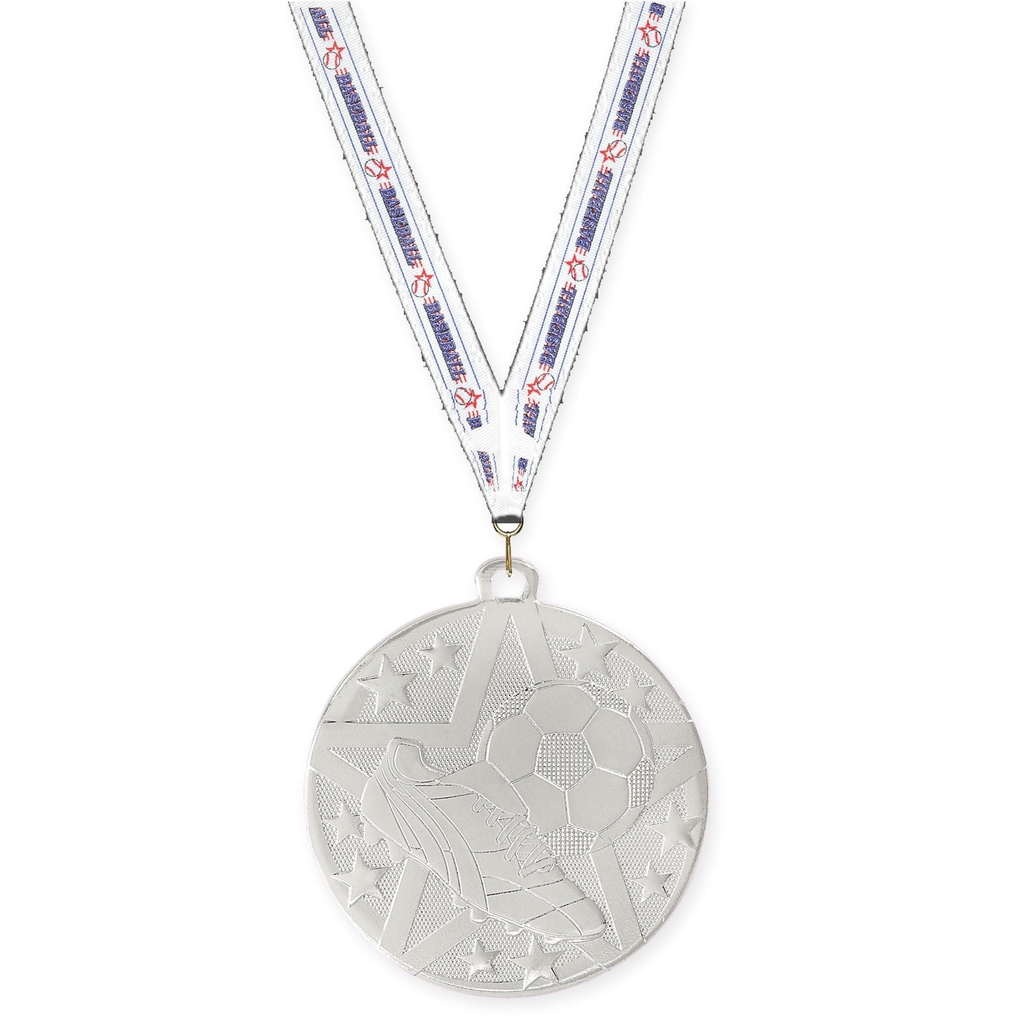 2 inch soccer Superstar medal in silver with Baseball neck ribbon