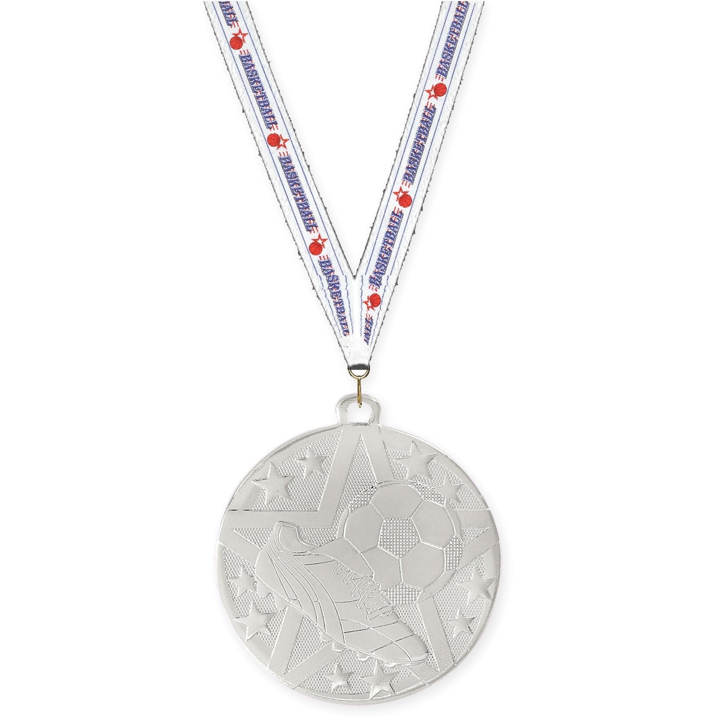 2 inch soccer Superstar medal in silver with Basketball neck ribbon