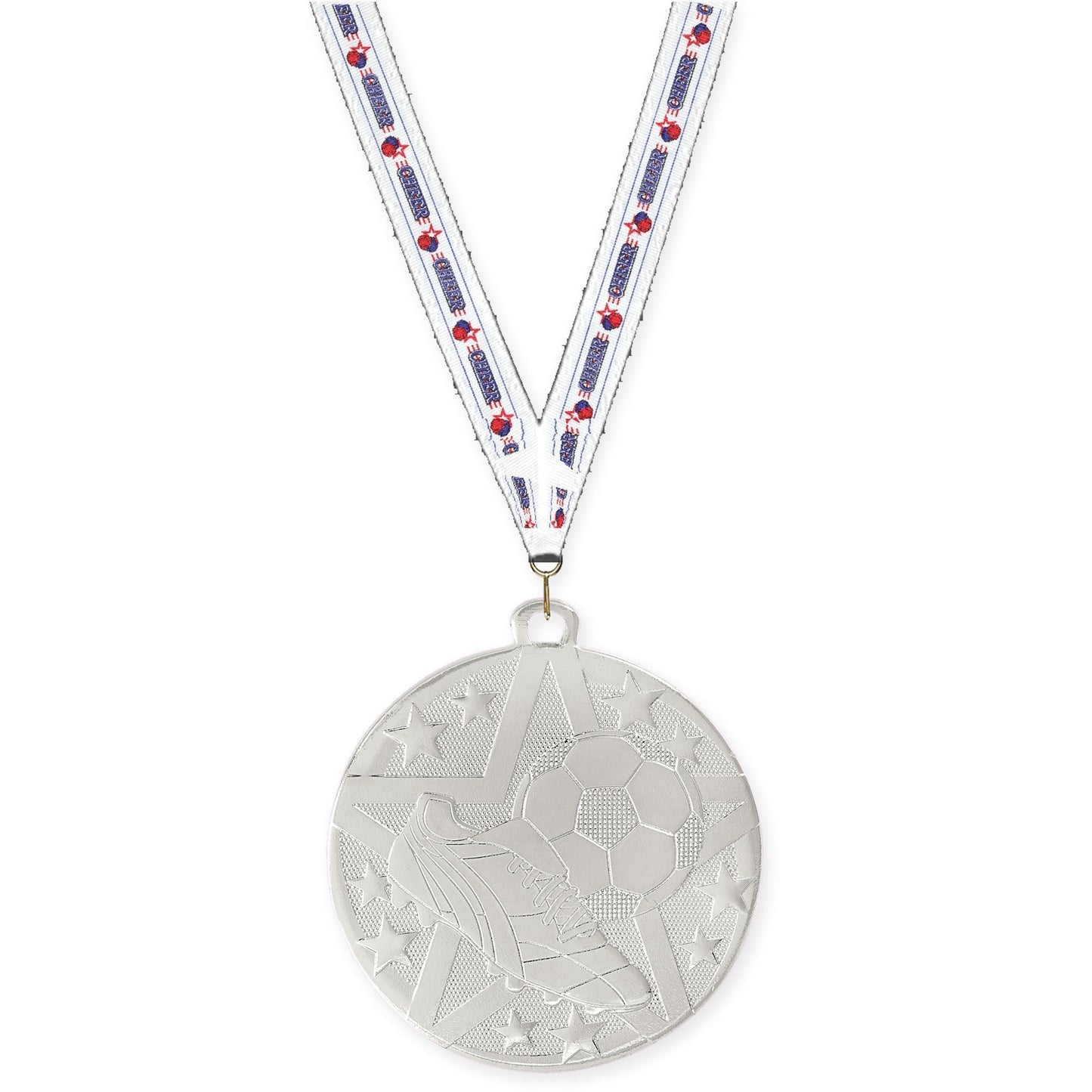 2 inch soccer Superstar medal in silver with Cheerleading neck ribbon