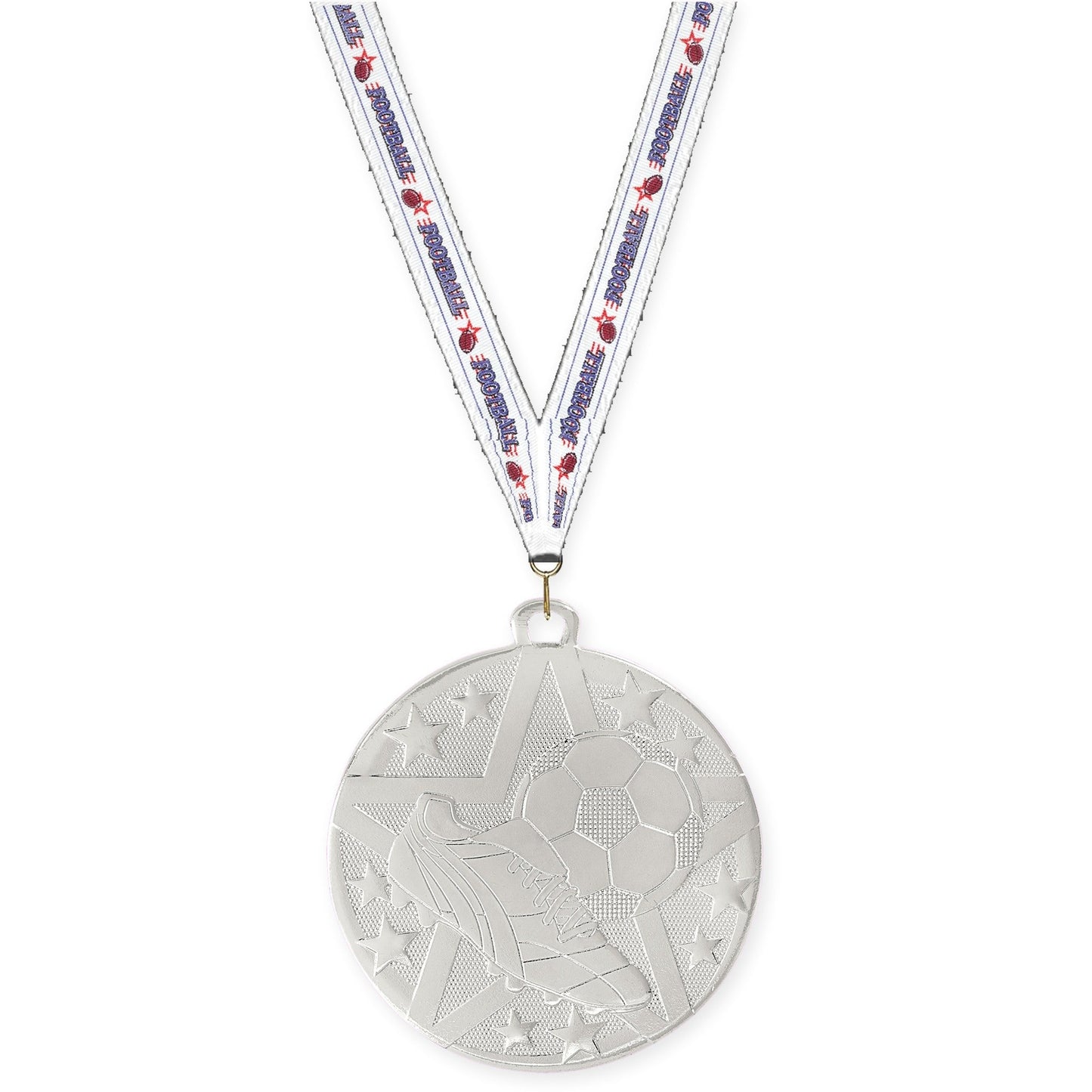 2 inch soccer Superstar medal in silver with Football neck ribbon
