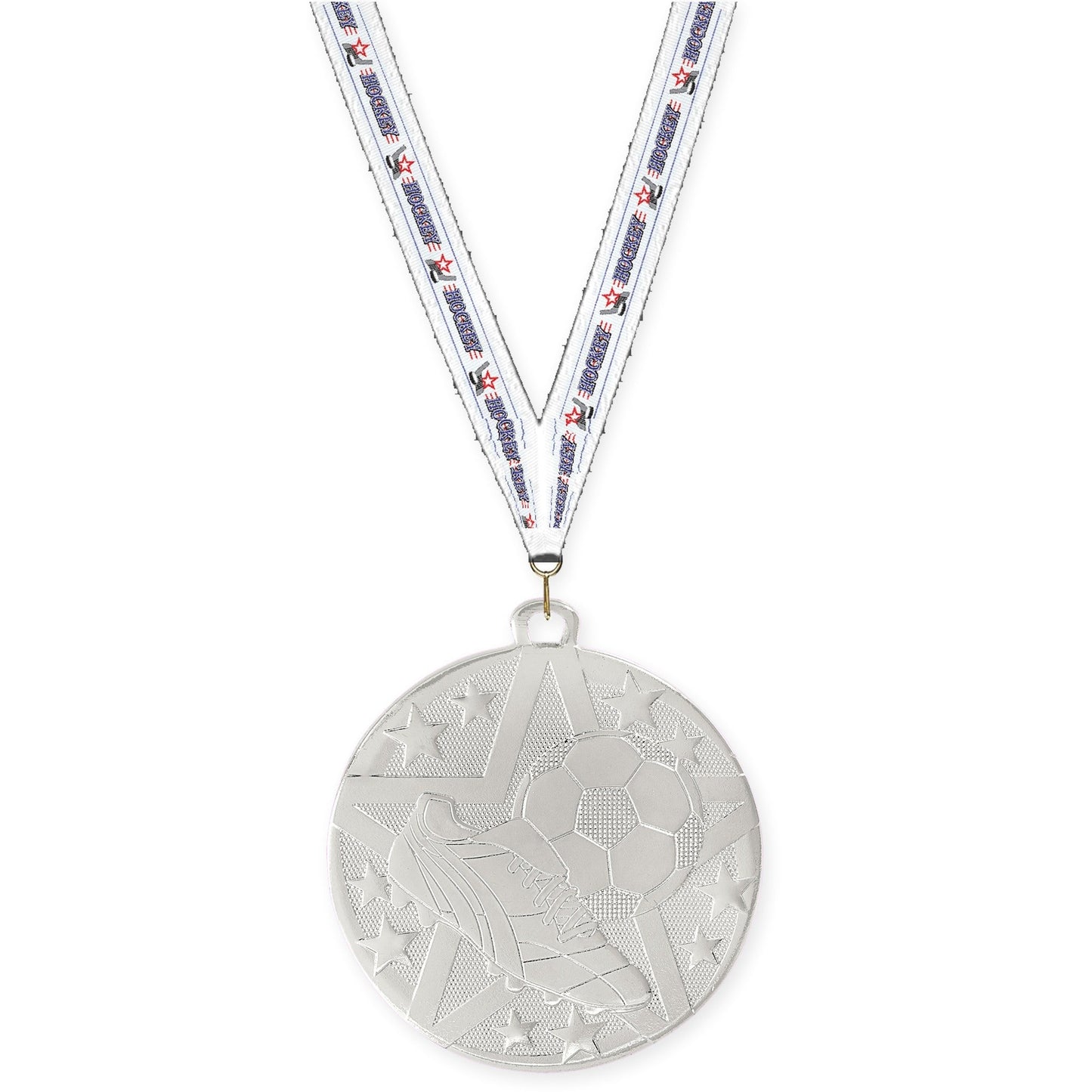 2 inch soccer Superstar medal in silver with Hockey neck ribbon