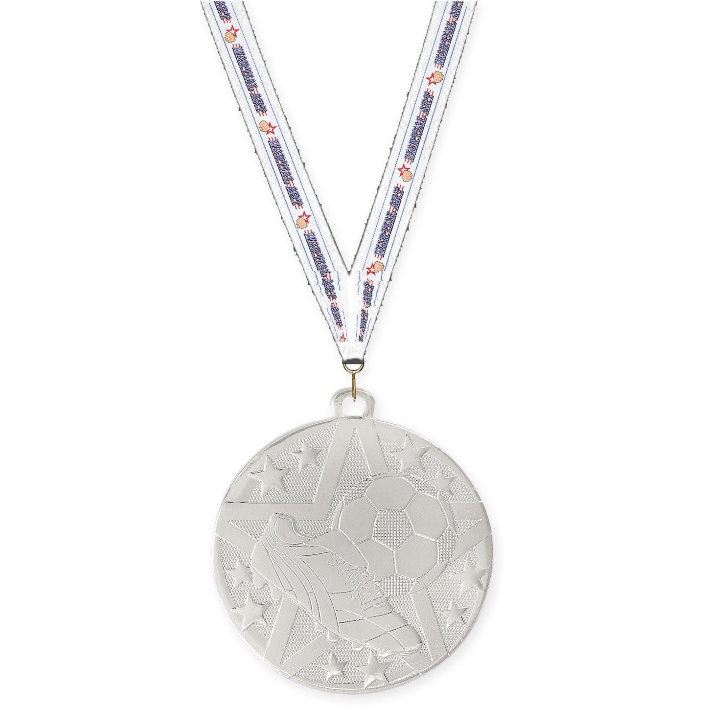 2 inch soccer Superstar medal in silver with Martial Arts neck ribbon