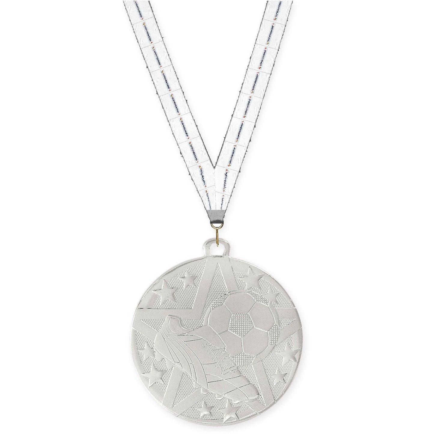 2 inch soccer Superstar medal in silver with Lamp Of Knowledge neck ribbon