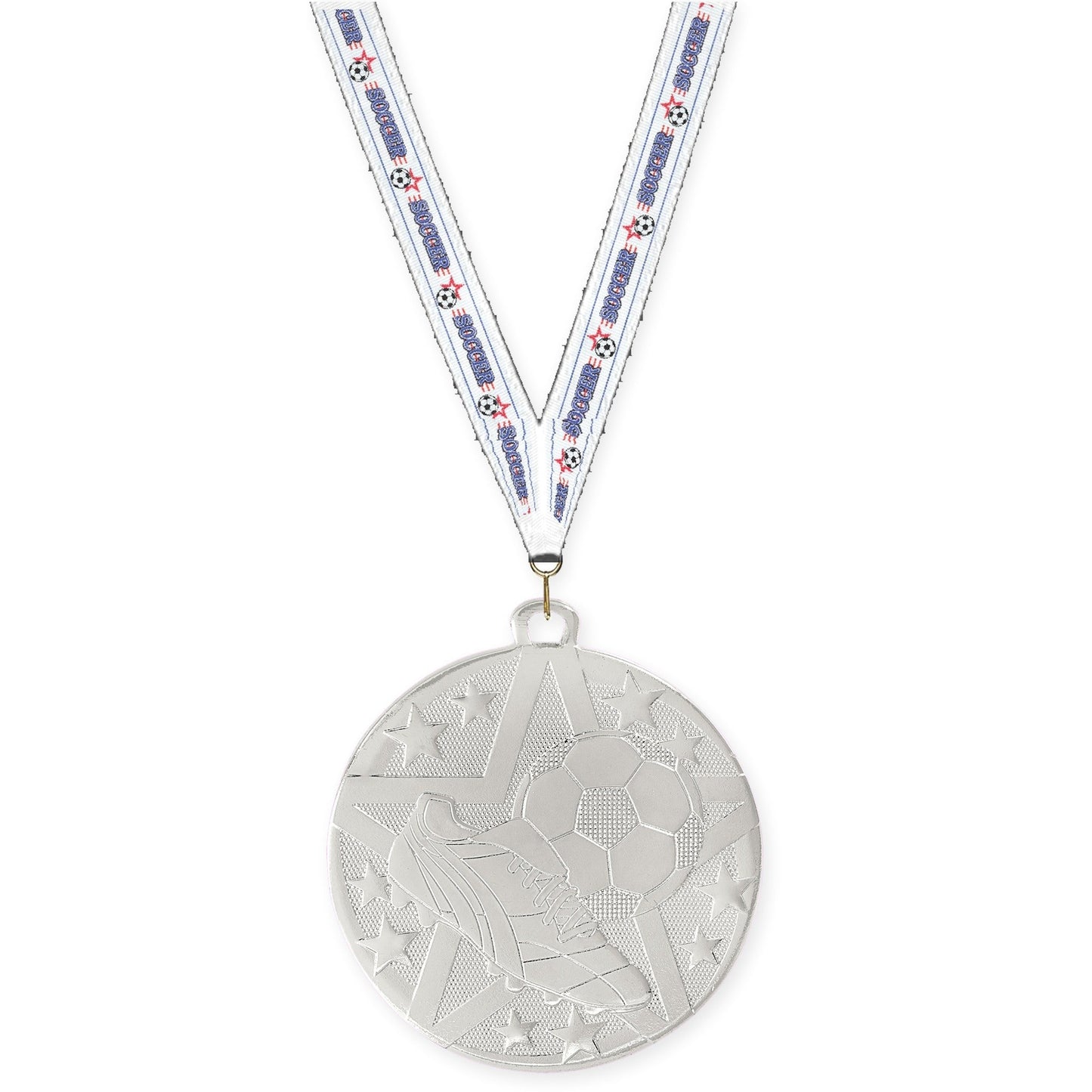2 inch soccer Superstar medal in silver with Soccer neck ribbon