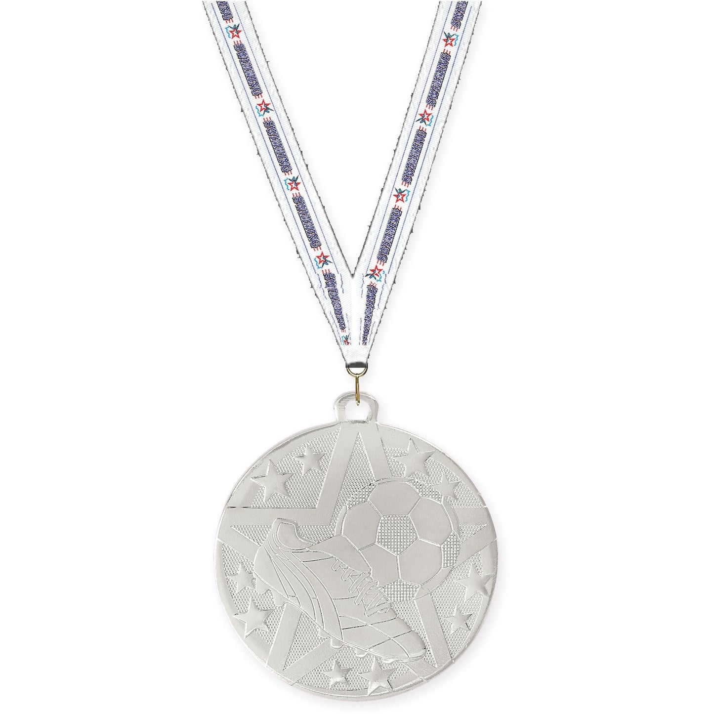 2 inch soccer Superstar medal in silver with Swimming neck ribbon