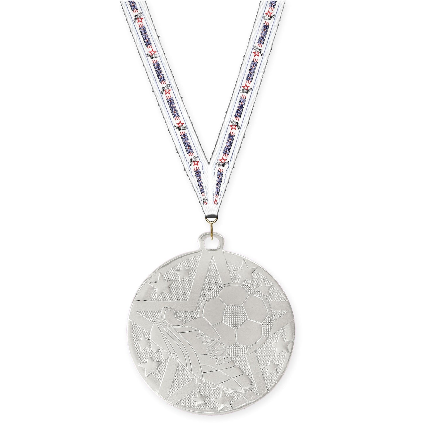 2 inch soccer Superstar medal in silver with Track neck ribbon