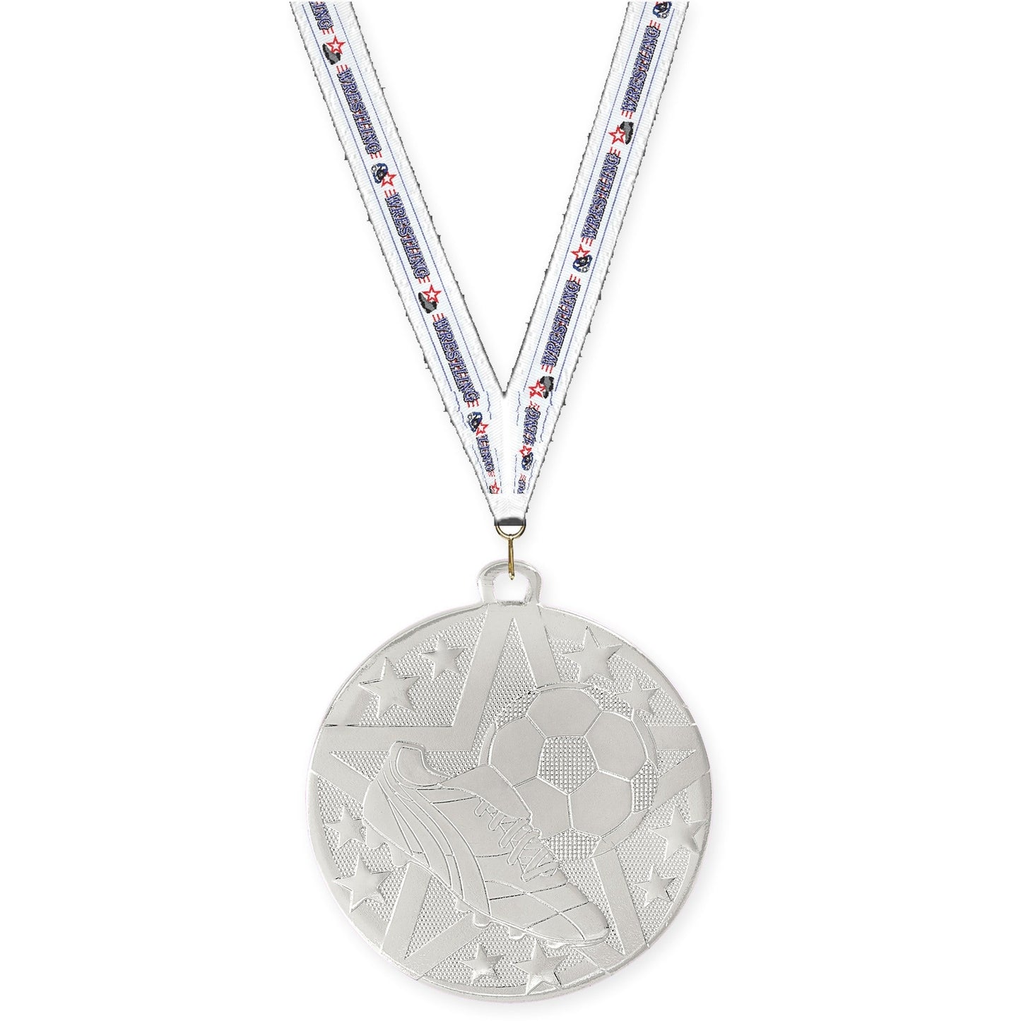2 inch soccer Superstar medal in silver with Wrestling neck ribbon