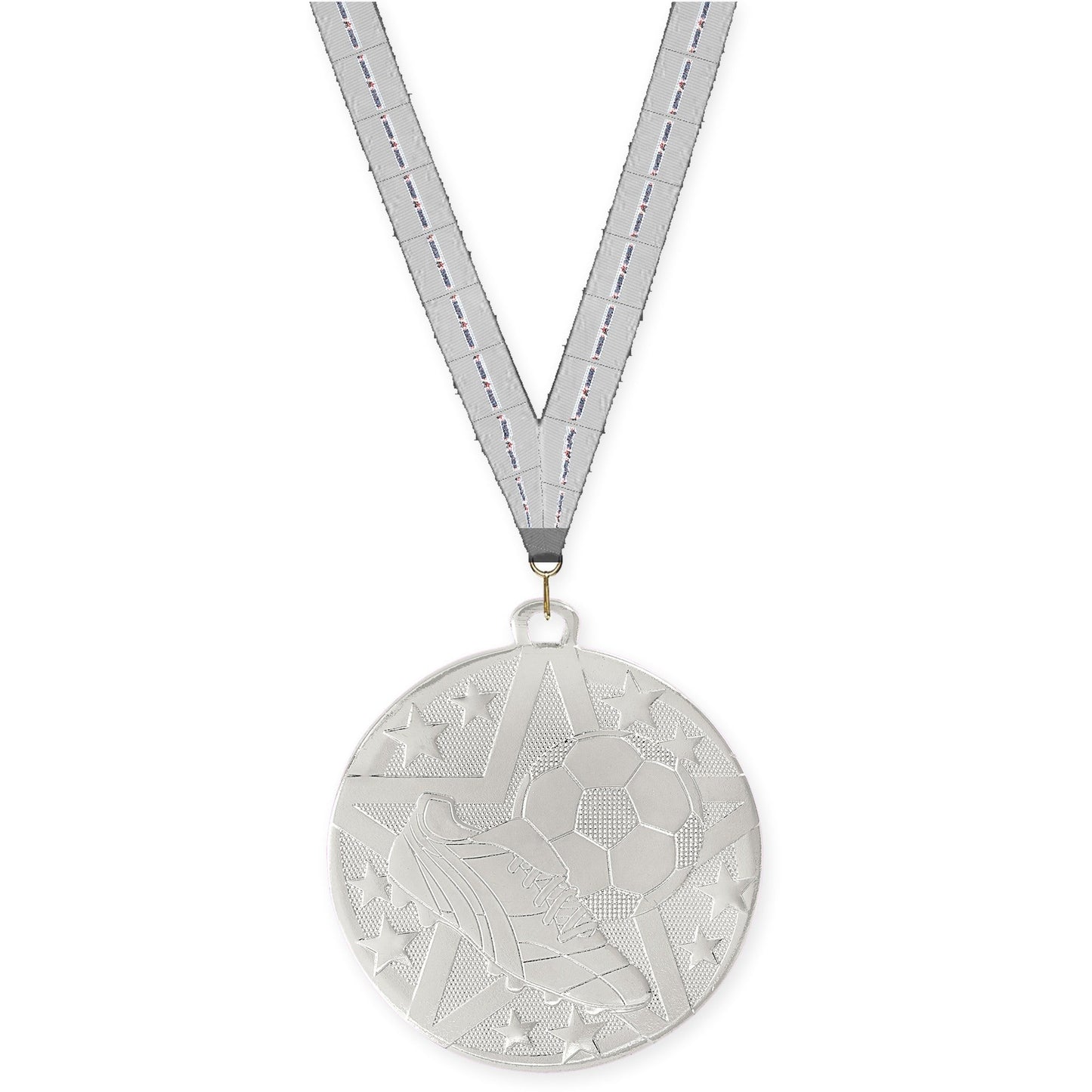 2 inch soccer Superstar medal in silver with Auto Racing neck ribbon