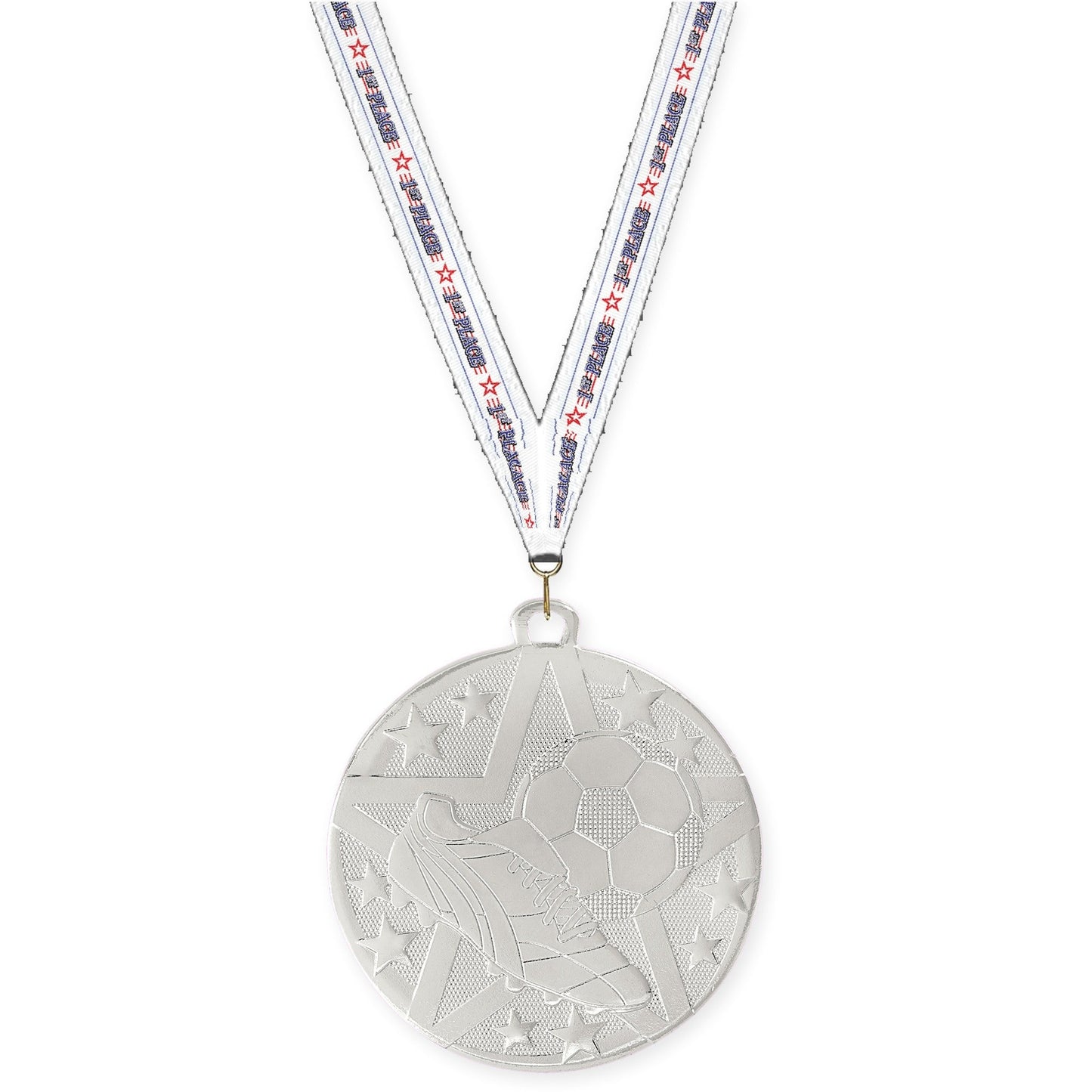 2 inch soccer Superstar medal in silver with 1st Place neck ribbon