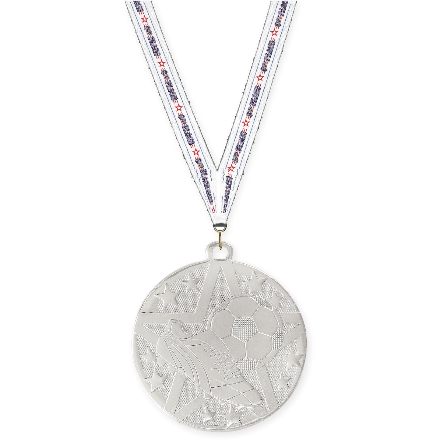 2 inch soccer Superstar medal in silver with 3rd Place neck ribbon