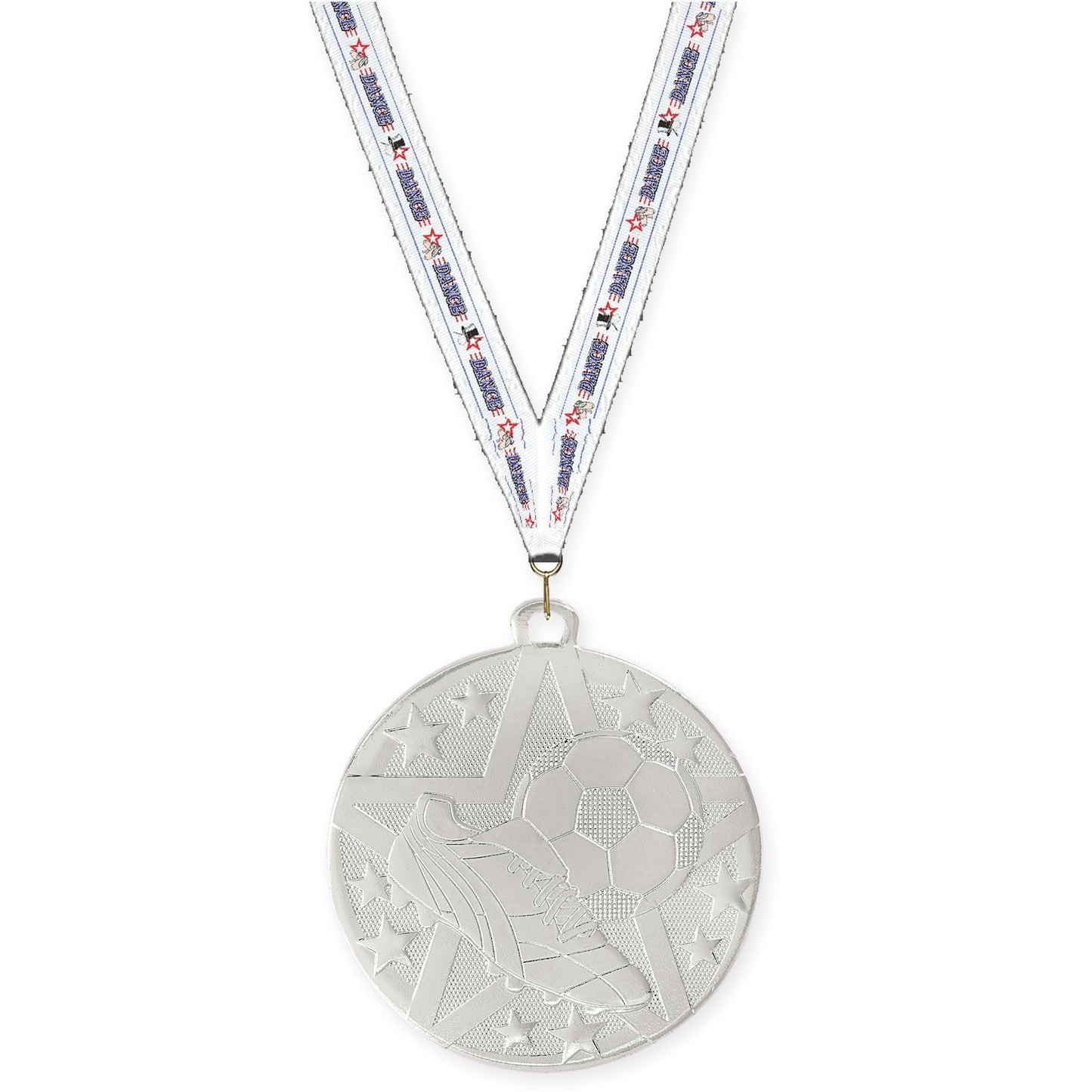2 inch soccer Superstar medal in silver with Dance neck ribbon