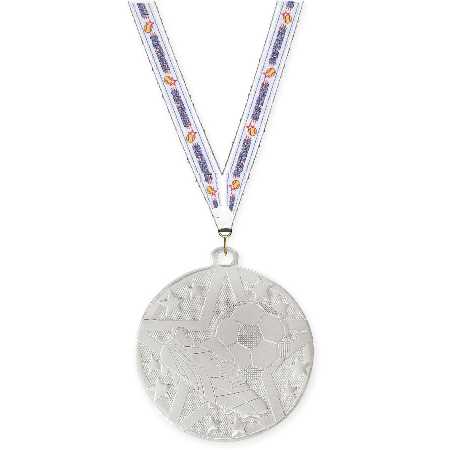 2 inch soccer Superstar medal in silver with Softball neck ribbon
