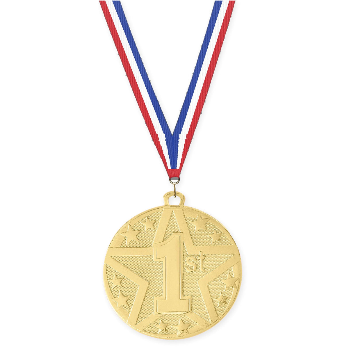 2 inch Place Superstar medal in gold - 1st place with Red White Blue neck ribbon