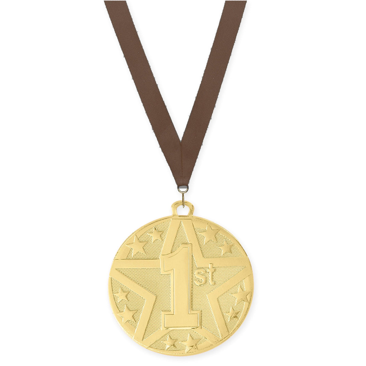 2 inch Place Superstar medal in gold - 1st place with Brown neck ribbon