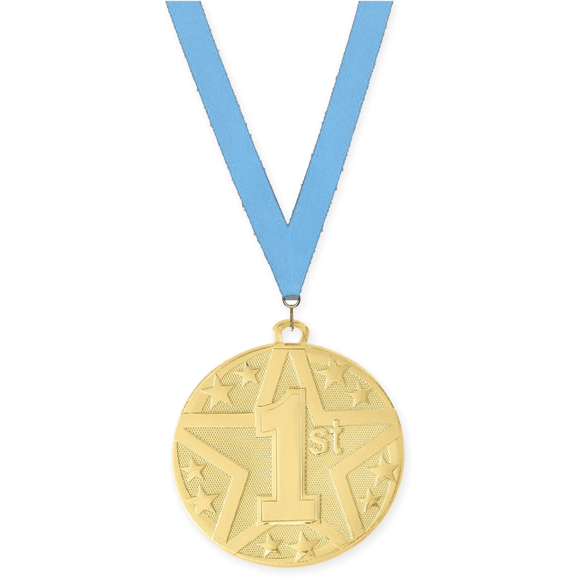 2 inch Place Superstar medal in gold - 1st place with Light Blue neck ribbon