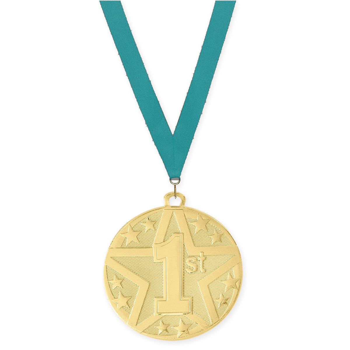 2 inch Place Superstar medal in gold - 1st place with Teal neck ribbon