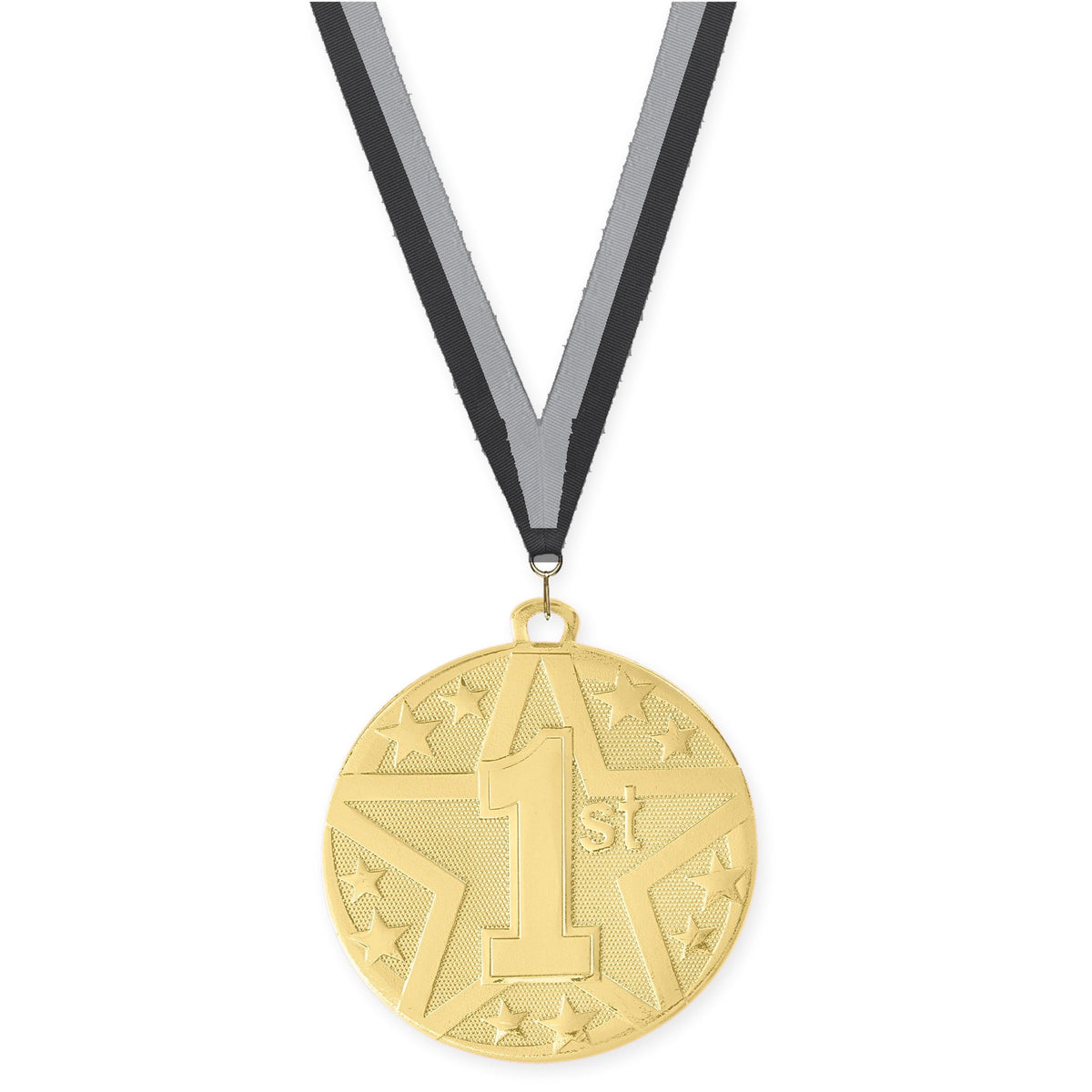 2 inch Place Superstar medal in gold - 1st place with Black Gray neck ribbon