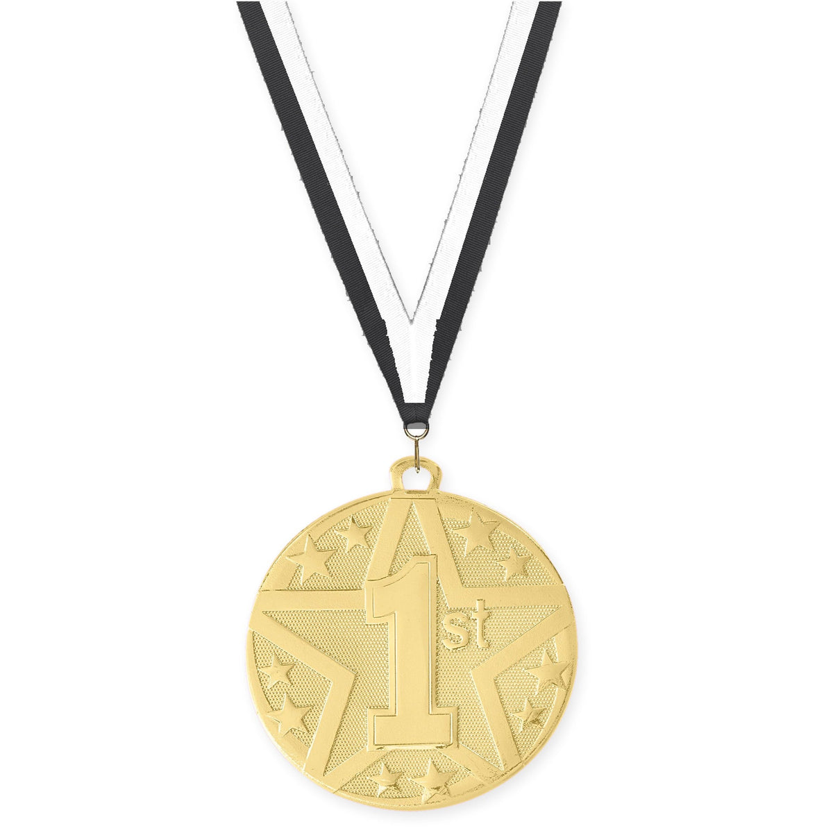 2 inch Place Superstar medal in gold - 1st place with Black White neck ribbon